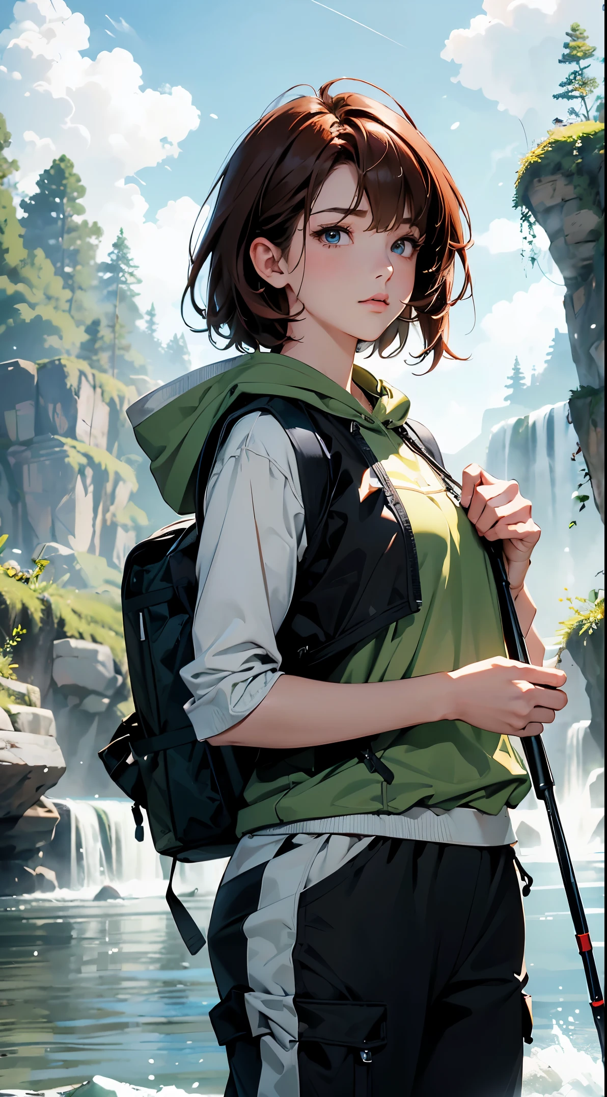 masterpiece、High resolution 8K、sharp focus、contrast lighting、ultra high resolution、ultra high resolution、Detailed CG、that'that'that'It's snowing、Low - Angle、full body shot、Beautiful woman、beautiful eyes、(detailed face and iace:1 2)、narrow eyes、almond eye、brown eyes、gradation eye、highlight:1.2)、(beautiful reddish brown hair、asymmetrical bangs、medium hair(small chest size) 、(oval face : 1.4)、(thin fingered arms、detailed human hand)、Woman fishing in the river、Beautiful and wide river、Flowing waterfall、rock surface、moss、forest、Mont、blue sky、Flowing clouds、vapor、mist、full body pose、Holding a fishing rod in your hand、Fishing lure rod、Outdoor Vest、hoodie、Waders、Long pants for fishing、Big backpack)、A woman fishing with a fishing rod in her hand pointing toward the water surface