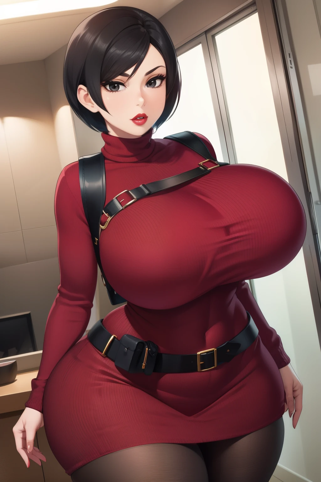 Ada Wong, (((bimbo))), black hair, short hair, perfect face, perfect eyes, looking at viewer, puffy lips, thick lips, wide hips, thick thighs, craving lust face, huge natural breasts, mature mom, indoors, modern interior, fakebreasts, asian female, adasweater, red sweater, sweater dress, turtleneck, harness, pantyhose, black eyes, looking at viewer, large breasts, parted lips, red lips, lipstick, holster, belt, mature female
