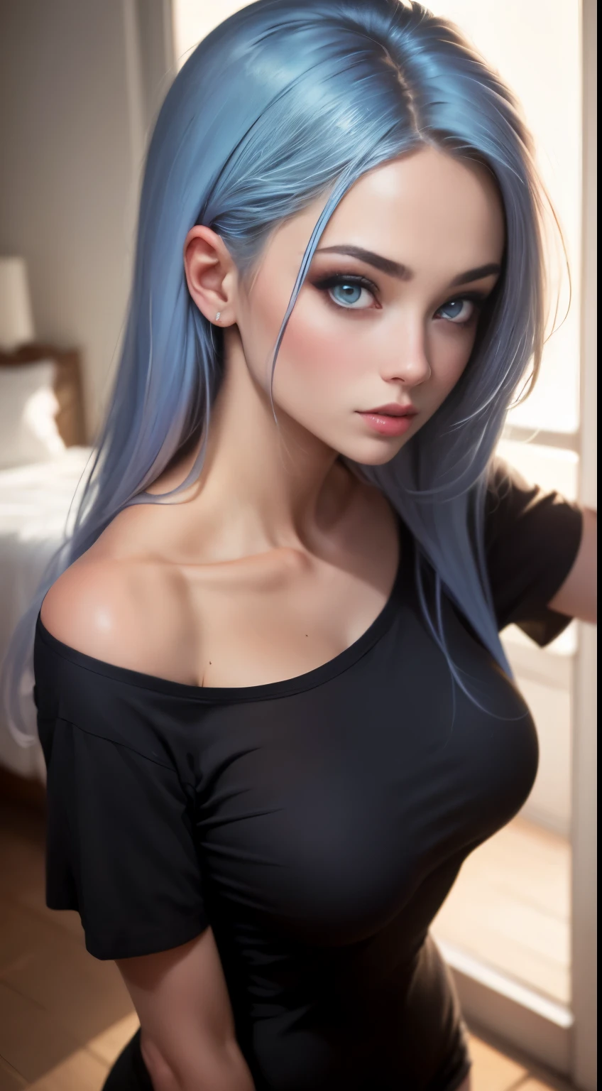 1 girl named Sarah with long light blue hair, dyed loose hair, Long hairstyle, perfect detailed face, Young pretty white girl, Hot-top model, Detailed symmetrical light green eyes with round irises, Beautiful, Walking and posing, Look at the observer, 19-year-old girl, looks like Madison Beer, extremely detailed face, Model, Realistic, Real life, perfect photorealistic picture, Realistic, hourglass figure, Stunning realistic photography, Detailed fingers, detailed realistic face, Soft fingers, real human nails, Extremely attractive girl, perfect detailed tan, small eyes, perfectly detailed face with realistic complexion and finely porous skin, small nose, Model, Perfect posture, Natural limbs, long legs, detailed symmetrical eyeballs, symmetric eyes, Realistic eyeballs, Realistic detailed eyes, cute plump closed lips, makeup, no long neck, no long waist, Perfect proportional body, seductive gaze, Looking in the direction of the viewer, Fascinating facial features, ah high, two arms, Two legs, one head, tiny breasts, realistic natural bodies, realistic shadows, Mystical epiphany, 8K, UHD, ((body facing the viewer, Pointing at the camera)), "wide-angle", Full-body shot, full pose, (photo studio white background), tempt a little, Cinematic world, Cover photo in the center of Hyperealistic, Stunning full-color, Cinematic, neoprene, behance contest winner, portrait of a, presented at Unsplash, stylized digital art, Smooth, extra high resolution, She wearing a large white long T-shirt and black Acronym J36-S sweatpants (T-shirt only white), black and white sneakers, instagram model, 80mm , Streetwear , (((angled focus))) , Realistic,round ass