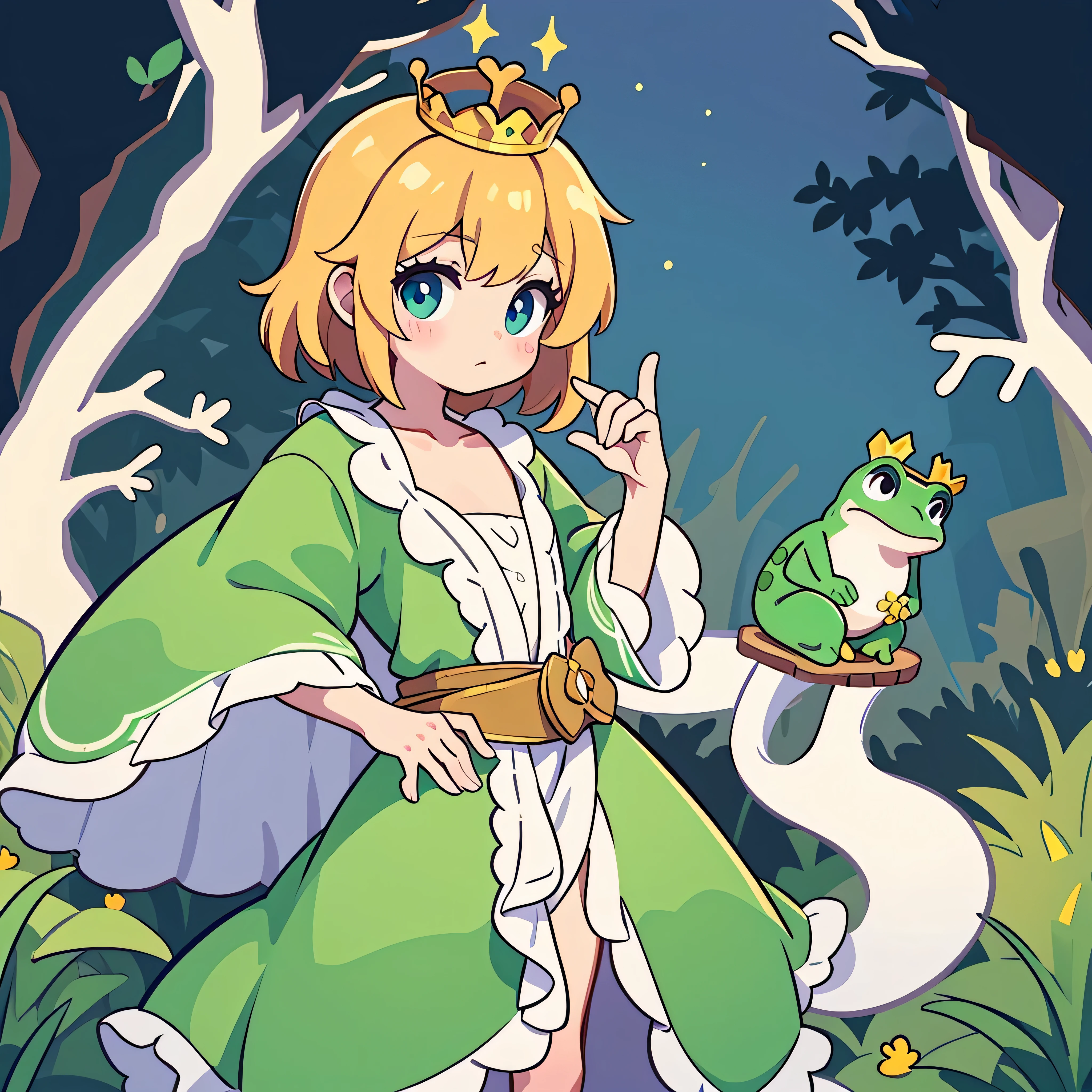 prince wearing crown and frog costume，A frog in his hand