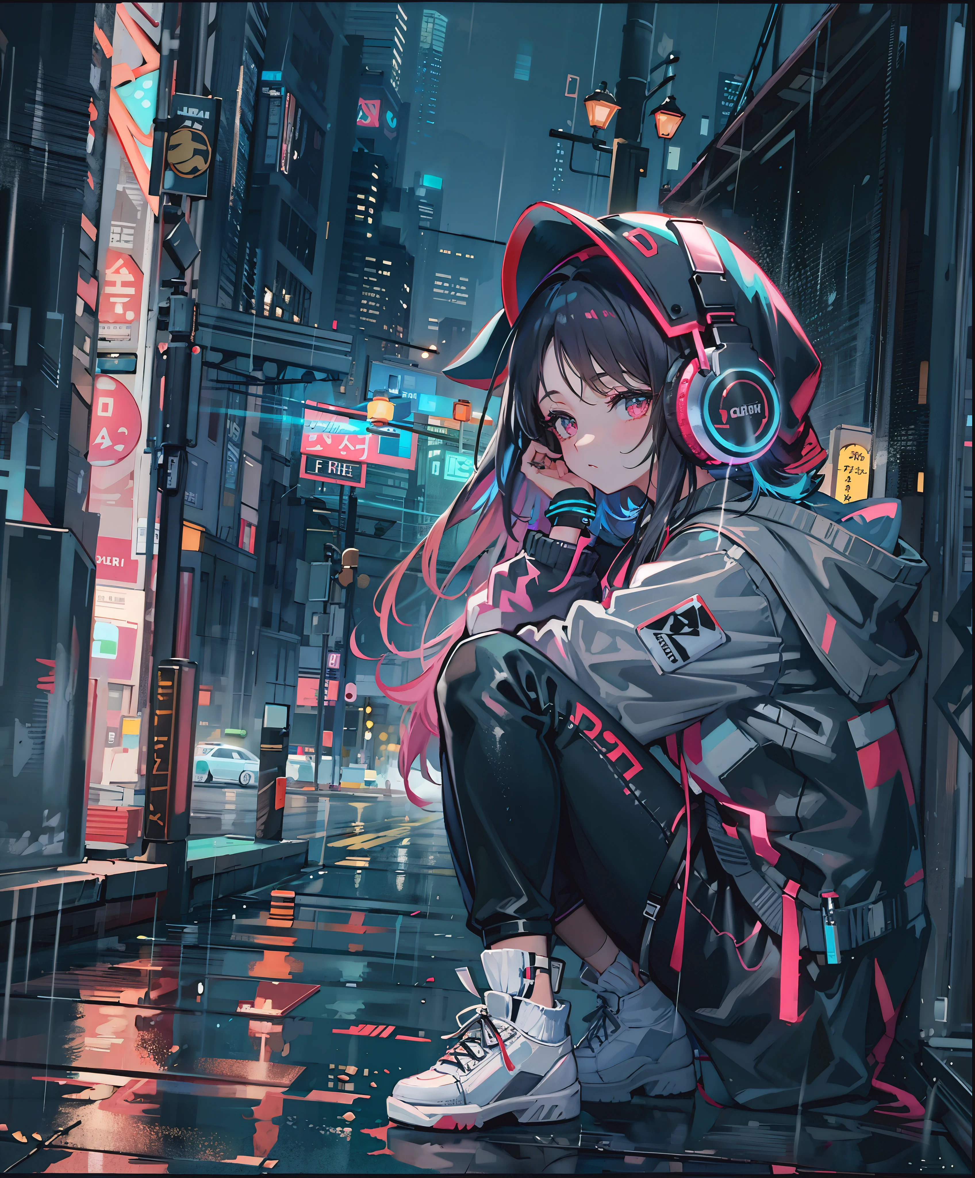 masterpiece, one girl, alone, incredibly absurd, hoodie, headphones, street, outdoor, rain, neon,
