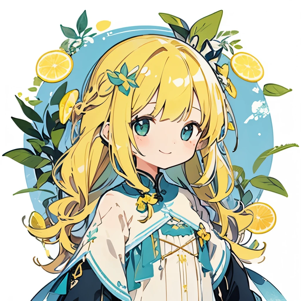 transparent watercolor、girl、Jewel Eyes、Beautiful arrangements and motifs、Depth of bounds written、flat avatar, 1girl, Smile, Light yellow hair((left and right braids、wavy hair)), 髪の毛にfoliages、yellow object、hair with white tips, Fashionable Design Clothing((blue and white)),background white, Cute Girl、Yellow theme、lemonade、Lemon hair ornament、foliages、Transparent dress、A fluffy dress、Transparent feather robe、yellow transparent、glitter lemon、beautiful girl、smile gently、Transparent cloth、exposed、summer-like、Yellow and green、cheerful girl、Banzai