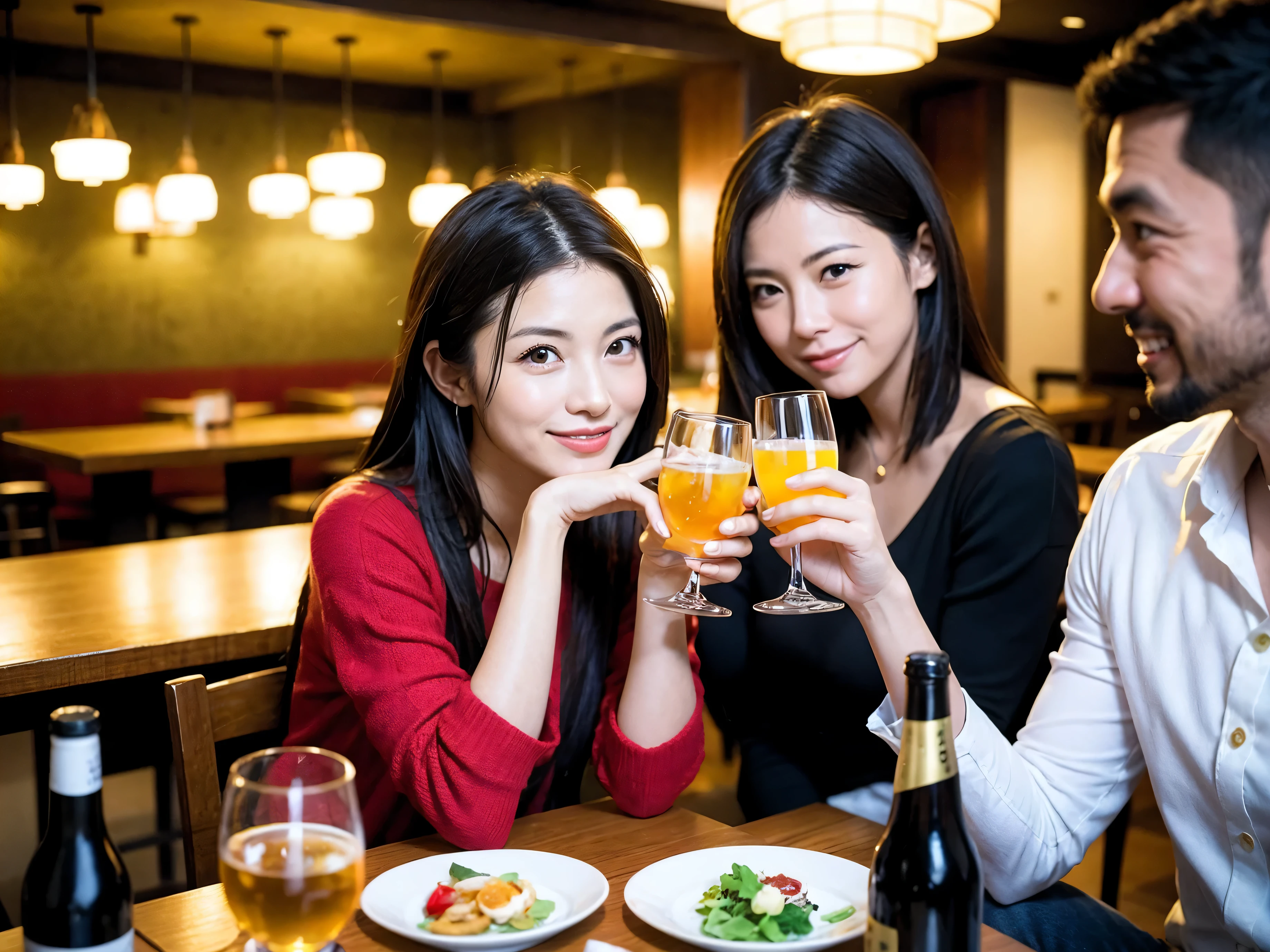 Detailed images that look like they were taken with a high-end camera、party、couple、banquet、Japanese sake、Shochu、hot sake、Japanese sakeファン、I love Japanese sake、because I&#39;thin、Women who drink alcohol、36 years old、38 years old、Colombia、Brazilian、Japanese、Dutch、German、Portuguese、Belgian、chiri、American、french、Spaniard、Italian、Indian、Englishman、Cut your hair short、brown hair、beautiful woman with glasses and cup、Japanese sakeグラスとワイングラスには清酒が入っています.、720m of Japanese sake、1.You can also see the 8L sake bottle...、There is also Choshi、adult woman in her 30s、Have a nice smile while enjoying a drink.、The location is a hotel restaurant..、You can see the beautiful night view of the city outside the window..、The floor is the 1st floor、In the background you can see a man and a woman enjoying alcohol...。