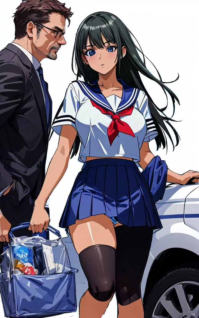 A beautiful woman with shoulder-length black hair, big breasts, beautiful legs, and a sharp face is wearing a sailor uniform with a white miniskirt, showing light blue and blue striped panties as she confronts a middle-aged man in a suit. standing。