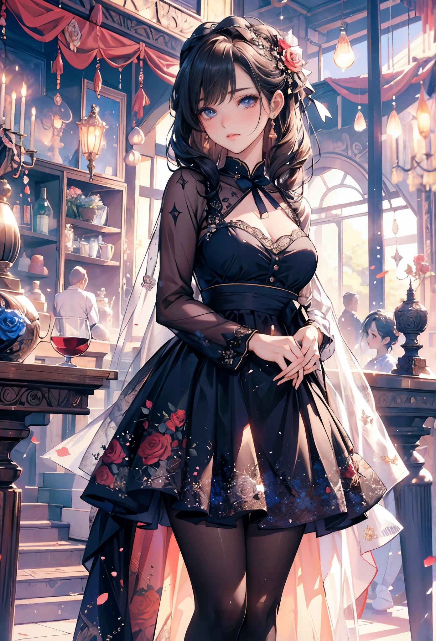 masterpiece, highest quality, High resolution, SA1, Two Beauties, Cute floral dress, Sparkly eyes, thighs, false eyelashes, Cute atmosphere, straight hair, ribbon, lots of roses,