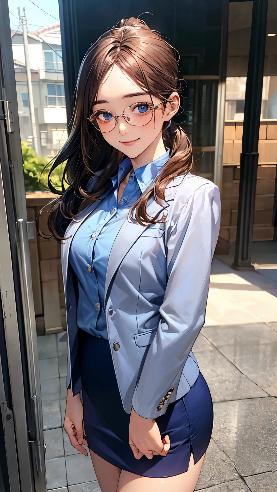 (masterpiece:1.2, top-quality), (realistic, photorealistic:1.4), beautiful illustration, (natural side lighting, movie lighting), nsfw,
looking at viewer, cowboy shot, front view:0.6, 1 girl, japanese, teacher, perfect face, cute and symmetrical face, shiny skin,
(long hair:1.2, ponytail:1.2, forehead, sidelocks, brown hair), blue eyes, long eye lasher, (large breasts:0.8),
beautiful hair, beautiful face, beautiful detailed eyes, beautiful clavicle, beautiful body, beautiful chest, beautiful thigh, beautiful legs, beautiful fingers,
((detailed cloth texture, (saxe blue business suit jacket), white collared shirts, saxe blue grey tight skirt, high heels), wayfarer glasses),
(beautiful scenery), evening, riverside, standing, have a binding file, (graceful, smile, upper eyes),