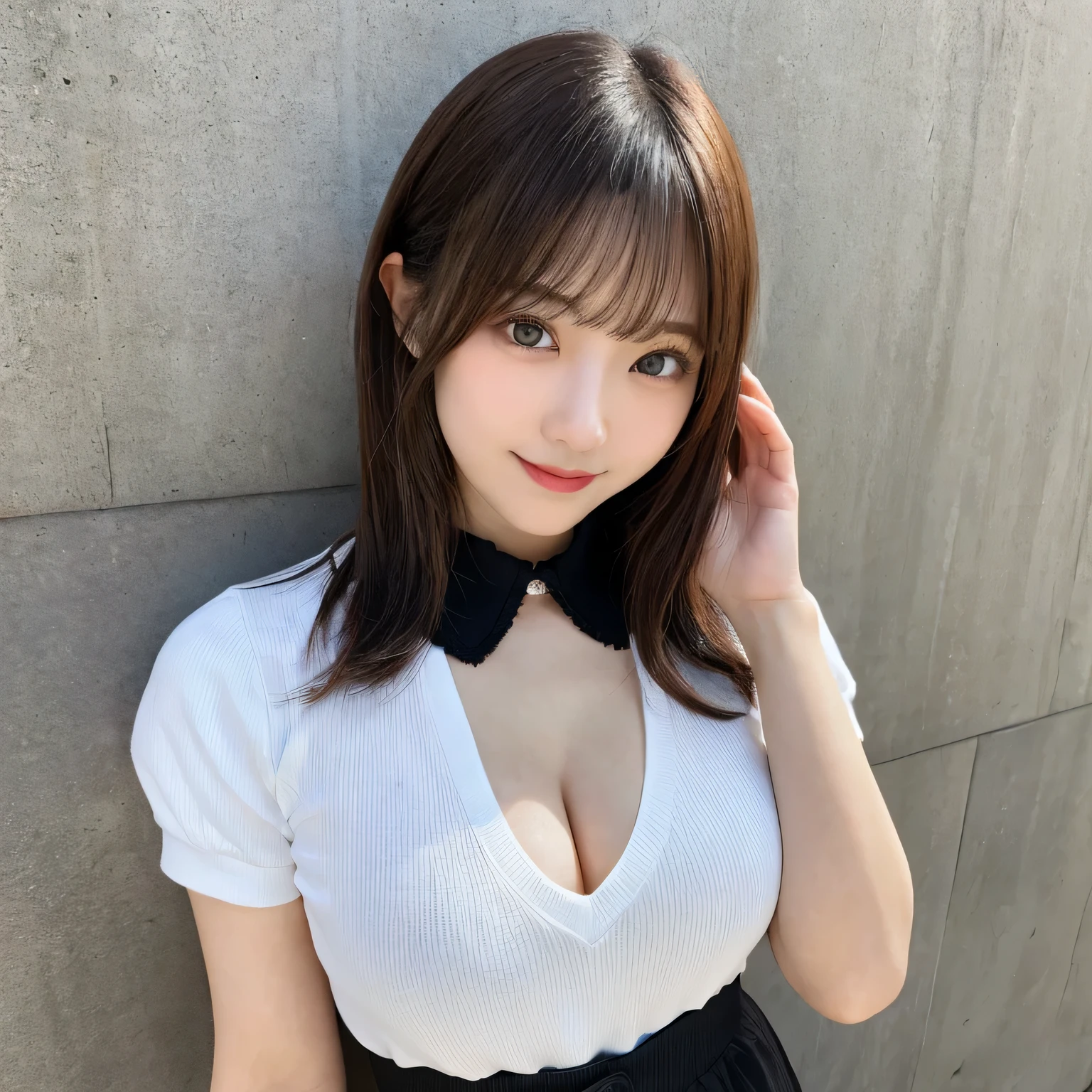 on the table, best quality, illustration, Super detailed, fine details, high resolution, 8k wallpaper, Perfect dynamic composition, Beautiful and delicate eyes,full body photography,show your whole body、collared shirt、mini skirt,thin and transparent、long gray hair,Full, large breasts:1.5、Huge cleavage, Bold sexy pose,Smile,Harajuku、20 year old girl、huge :1.5、Look at the sexy shots of the camera