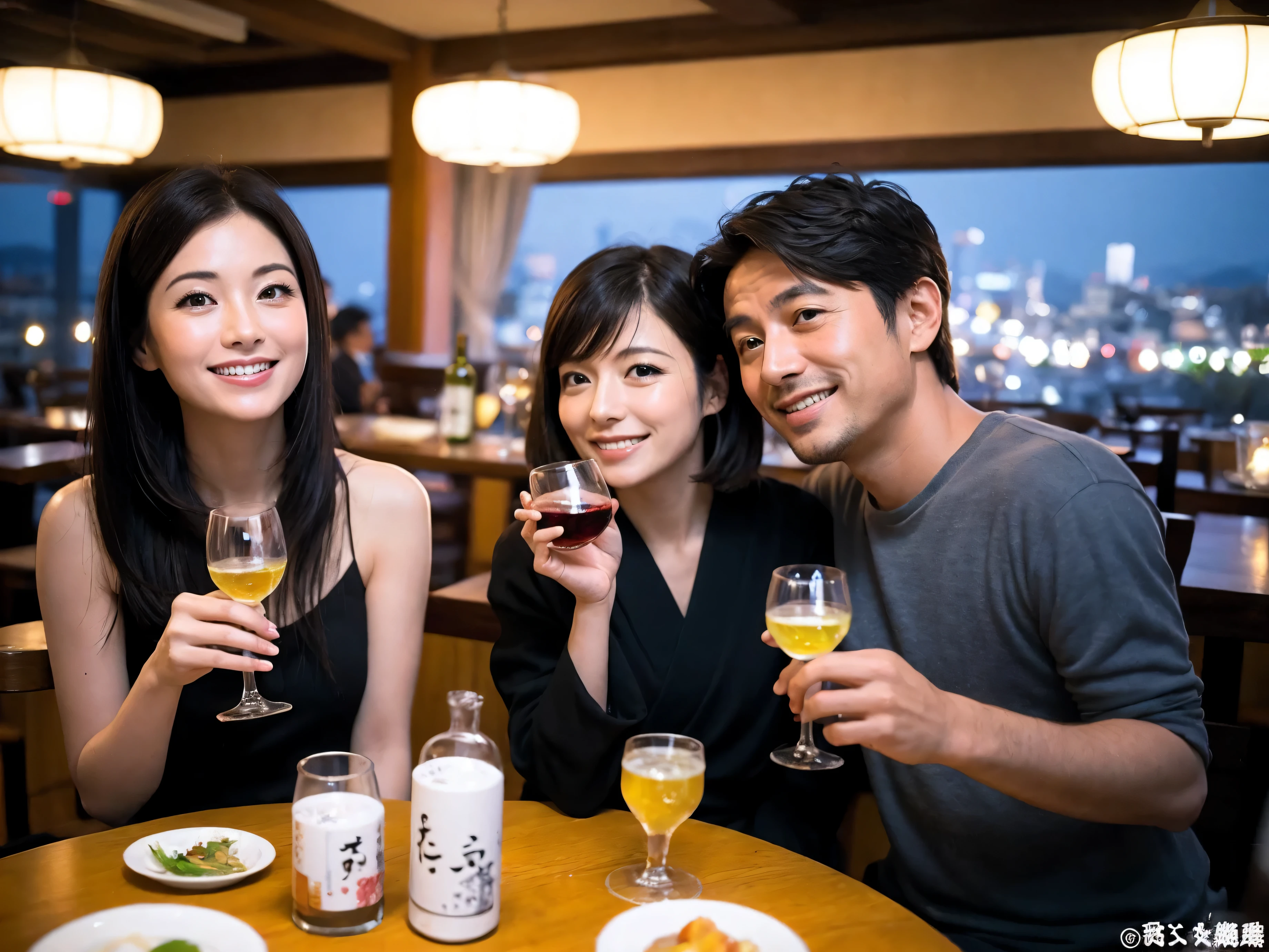 Detailed images that look like they were taken with a high-end camera、party、couple、banquet、Japanese sake、Shochu、hot sake、Japanese sakeファン、I love Japanese sake、because I&#39;thin、Women who drink alcohol、36 years old、38 years old、Colombia、Brazilian、Japanese、Dutch、German、Portuguese、Belgian、chiri、American、french、Spaniard、Italian、Indian、Englishman、Cut your hair short、brown hair、beautiful woman with glasses and cup、Japanese sakeグラスとワイングラスには清酒が入っています.、720m of Japanese sake、1.You can also see the 8L sake bottle...、There is also Choshi、adult woman in her 30s、Have a nice smile while enjoying a drink.、The location is a hotel restaurant..、You can see the beautiful night view of the city outside the window..、The floor is the 1st floor、In the background you can see a man and a woman enjoying alcohol...。