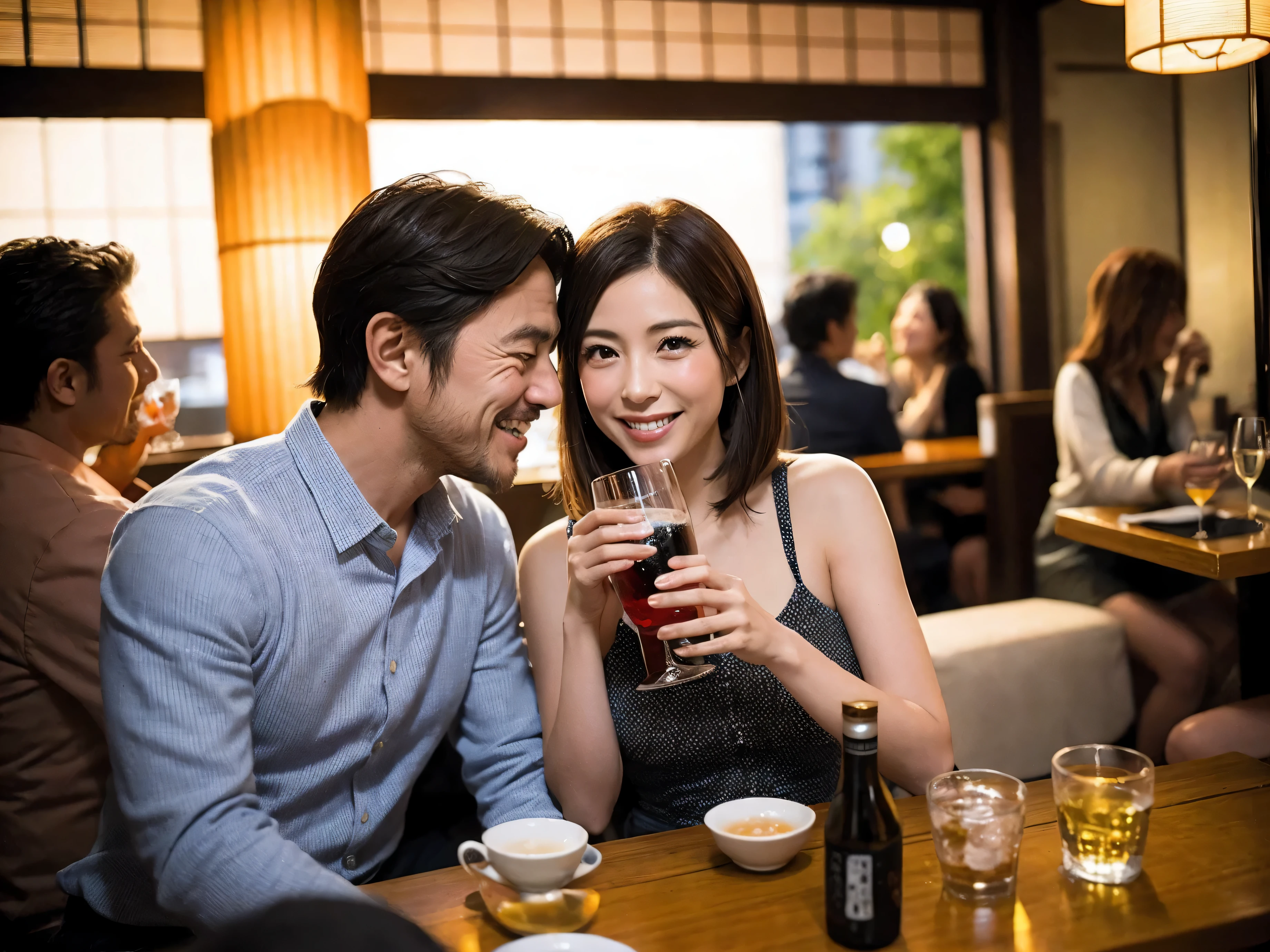 Detailed images that look like they were taken with a high-end camera、party、couple、banquet、Japanese sake、Shochu、hot sake、Japanese sakeファン、I love Japanese sake、because I'thin、Women who drink alcohol、36 years old、38 years old、Colombia、Brazilian、Japanese、Dutch、German、Portuguese、Belgian、chiri、American、french、Spaniard、Italian、Indian、Englishman、Cut your hair short、brown hair、beautiful woman with glasses and cup、Japanese sakeグラスとワイングラスには清酒が入っています.、720m of Japanese sake、1.You can also see the 8L sake bottle...、There is also Choshi、adult woman in her 30s、Have a nice smile while enjoying a drink.、The location is a hotel restaurant..、You can see the beautiful night view of the city outside the window..、The floor is the 1st floor、In the background you can see a man and a woman enjoying alcohol...。