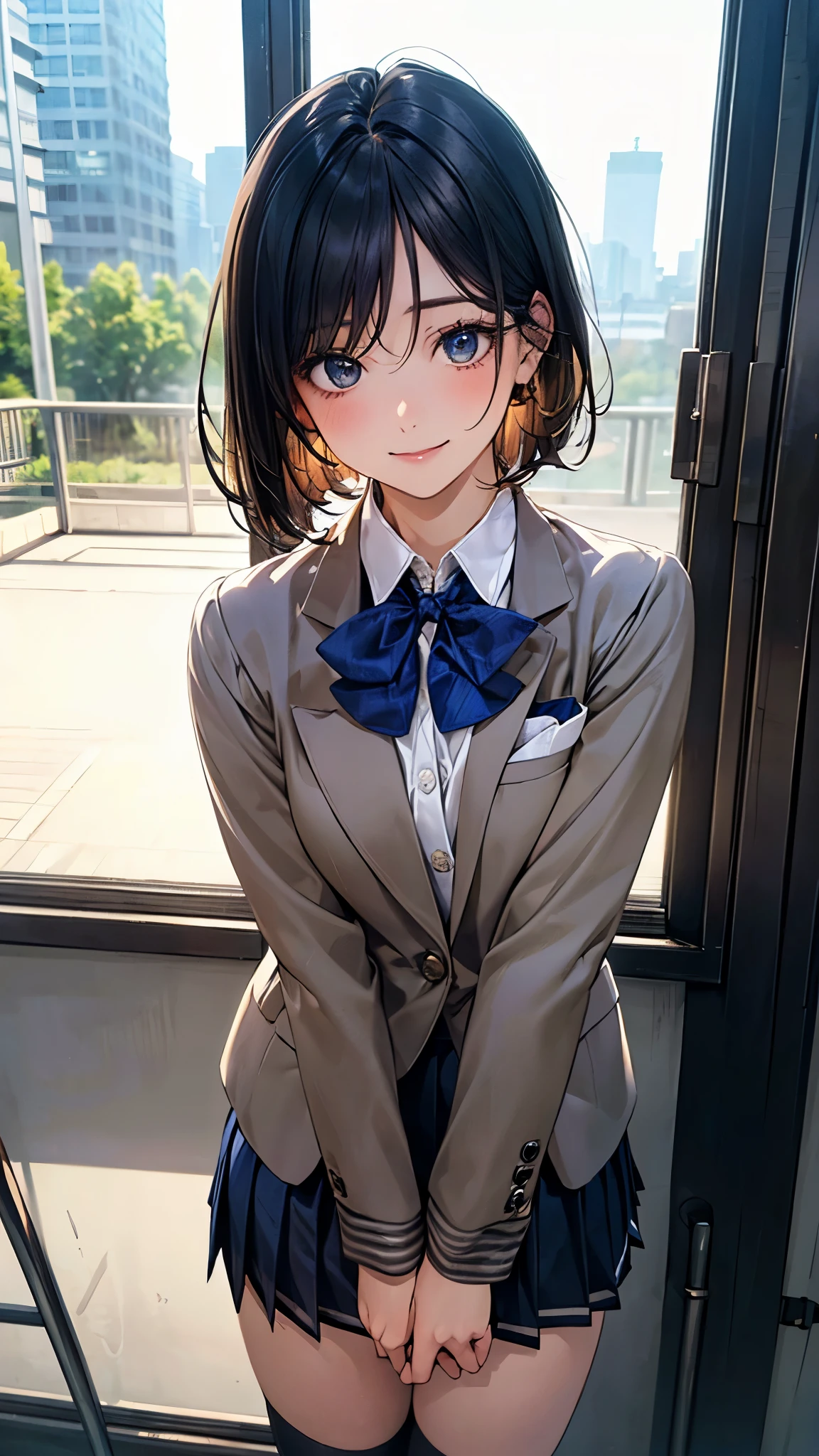 (masterpiece:1.2, top-quality), (realistic, photorealistic:1.4), beautiful illustration, (natural side lighting, movie lighting), nsfw,
looking at viewer, cowboy shot, front view:0.6, 1 girl, japanese, high school girl, perfect face, cute and symmetrical face, shiny skin,
(short hair:1.5, lob:1.5, black hair), parted bangs, blue eyes, long eye lasher, (large breasts:0.6),
beautiful hair, beautiful face, beautiful detailed eyes, beautiful clavicle, beautiful body, beautiful chest, beautiful thigh, beautiful legs, beautiful fingers,
(((dark grey jacket), white collared shirts, lapislazuli pleated mini skirt, navy socks, brown loafer, red bow tie)),
(beautiful scenery), evening, class room, school, standing, hands between legs, (lovely smile, upper eyes),