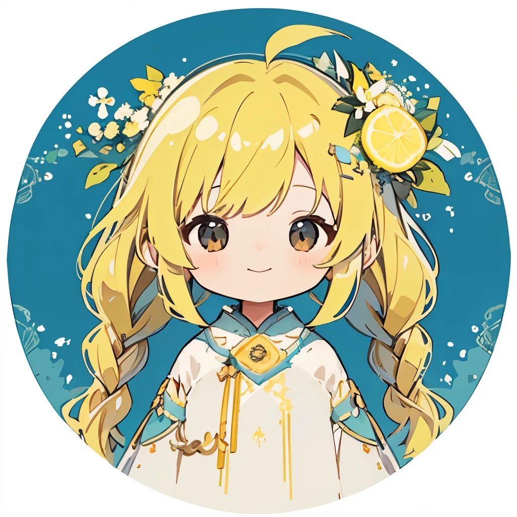 transparent watercolor、girl、Jewel Eyes、Beautiful arrangements and motifs、Depth of bounds written、flat avatar, 1girl, Smile, Light yellow hair((left and right braids、wavy hair)), 髪の毛にfoliages、yellow object、hair with white tips, Fashionable Design Clothing((blue and white)),background white, Cute Girl、Yellow theme、lemonade、Lemon hair ornament、foliages、Transparent dress、A fluffy dress、Transparent feather robe、yellow transparent、glitter lemon、beautiful girl、smile gently、Transparent cloth、exposed、summer-like、Yellow and green、cheerful girl、Banzai