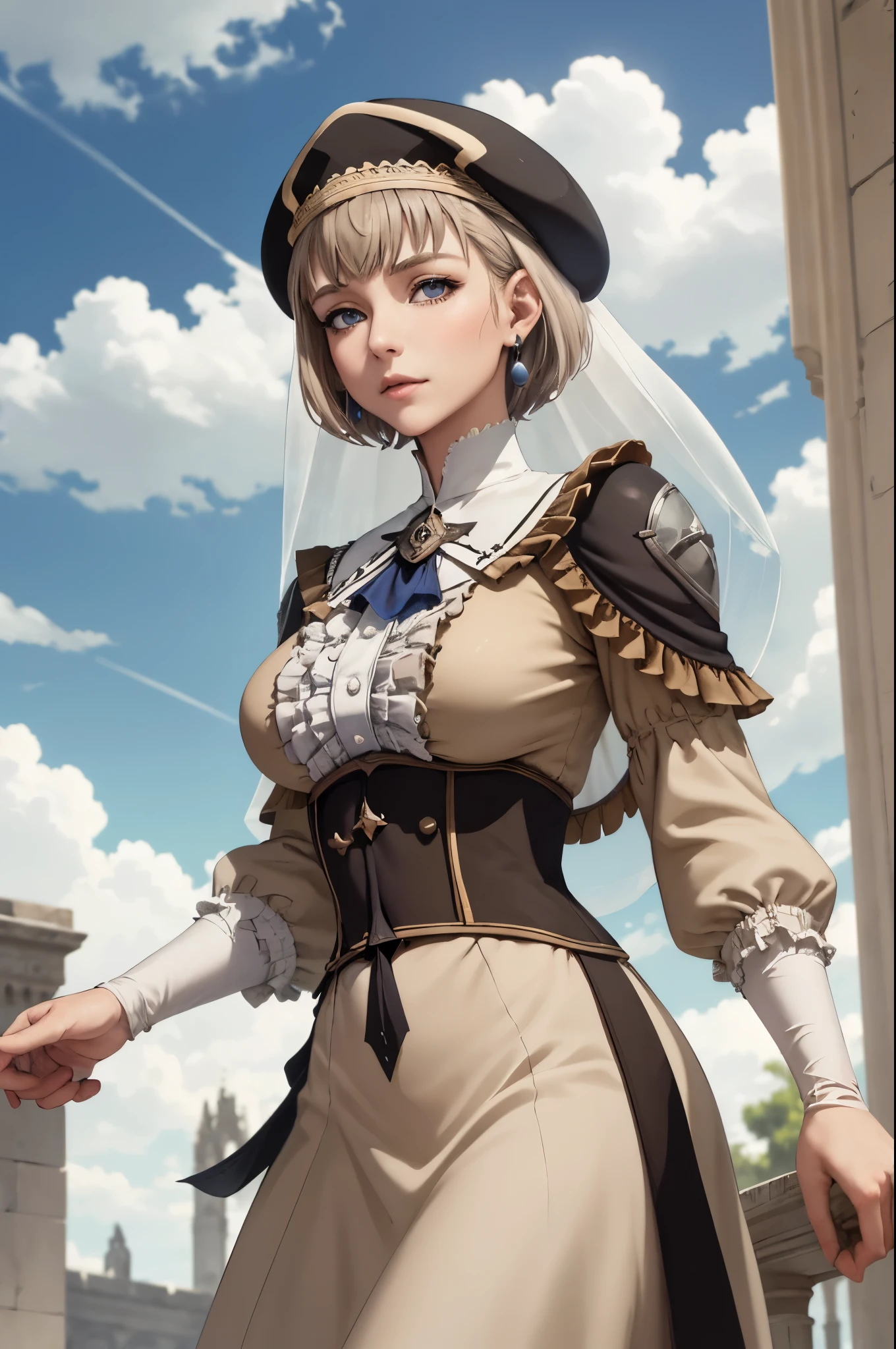 masterpiece, best quality, warMercedes, beret, veil, see-through, short hair, blue ascot, long frilled dress, large breasts, looking at viewer, neutral expression, arms at sides, cathedral, outdoors, clouds, marble architecture, sky