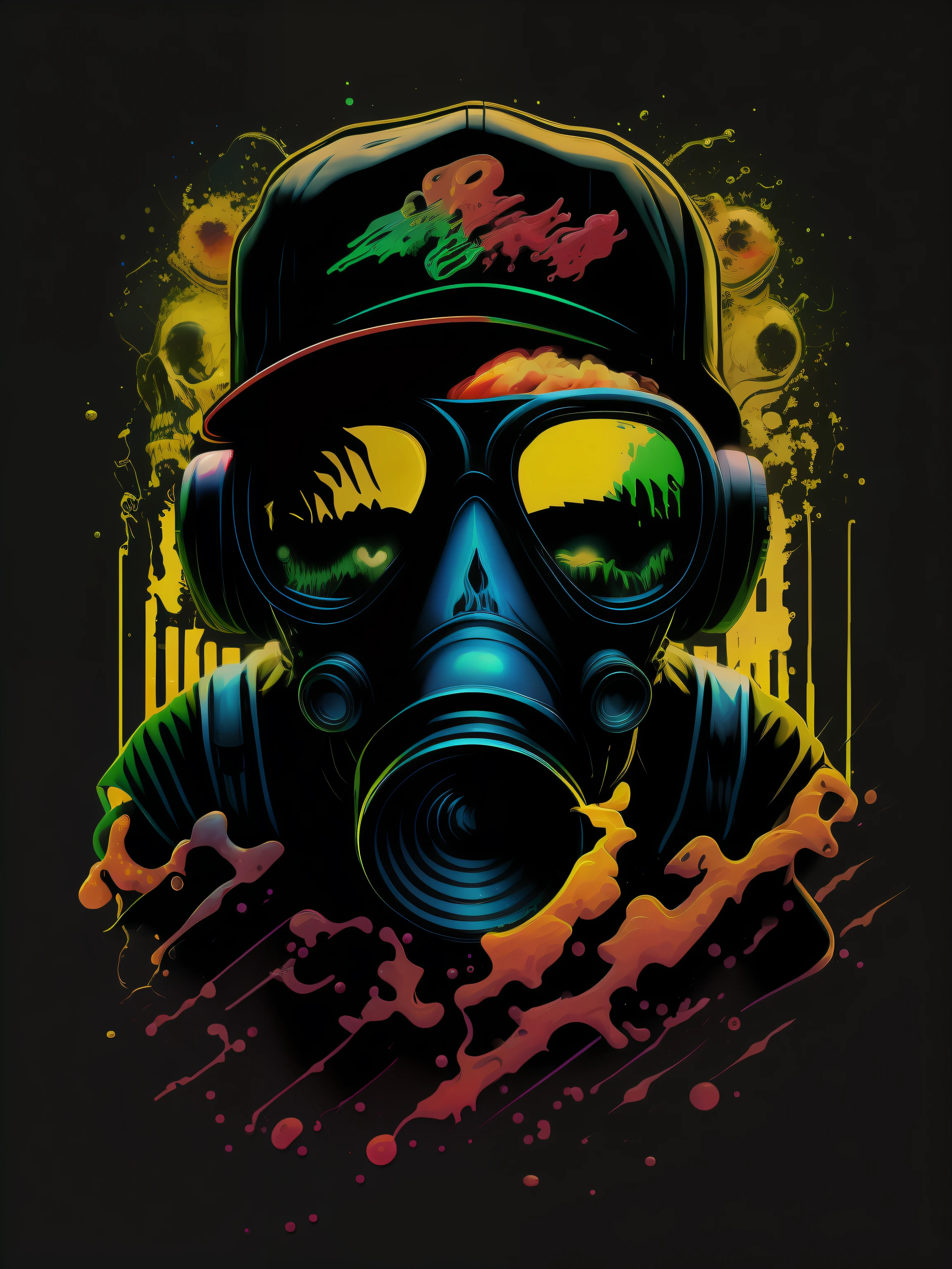 Pixador skeleton with gas mask and cap, splash, spray, faixas, anos 80, imagem vetorial, design de camiseta, isolado, fundo preto, illustration ,usar somente cores verde amarelo e vermelho, with neon glasses highlighted