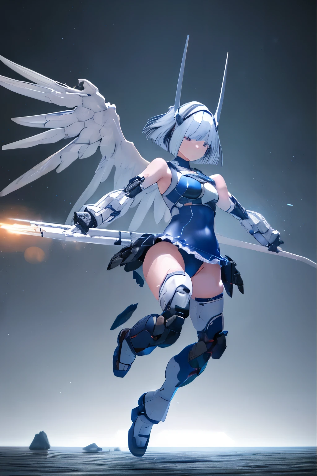 (highest quality)), ((masterpiece)), (very detailed: 1.3), 3D, {(1 girl)}, (wear dark blue Old School Swimsuit under armor:1.2), unarmored waist, wears a futuristic white Gundam mecha,(Gundam), with headgear, with v-fin , armored shoulders,armored under arms, armored under legs, dark blue Old School Swimsuit, multilayer textureperfect proportions, octane rendering, duotone lighting, Low ISO, wide aperture, White balance, Rule of thirds, ultra HD16k, HDR (High Dynamic Range), Ray Tracing, NVIDIA RTX, Super Resolution, Subsurface Scattering, PBR Texturing, Post Processing, Anisotropic Filtering, Depth of Field, Maximum Clarity and Clarity, High efficiency subpixel, subpixel convolution, particles of light, light scattered, Tyndall effect, full body:1.5, battle pose, cute, (cute:1.2), (bob cut:1.3),三つ編み, 黒髪, 太い眉毛, 薄い色の虹彩, 大きくて輝いている黒い瞳, 長いまつげ, 小さく薄い色の自然な唇, (Average face of Japanese idols), (日本人特有の童顔:1.3), (baby face), 広いおでこ:1.2, ふっくらした頬, 小さな顎, Mechanical wing,Metal wings,Mecha wing,, On the calm waters of Iceland,looking at viewer,Focus on the eyes