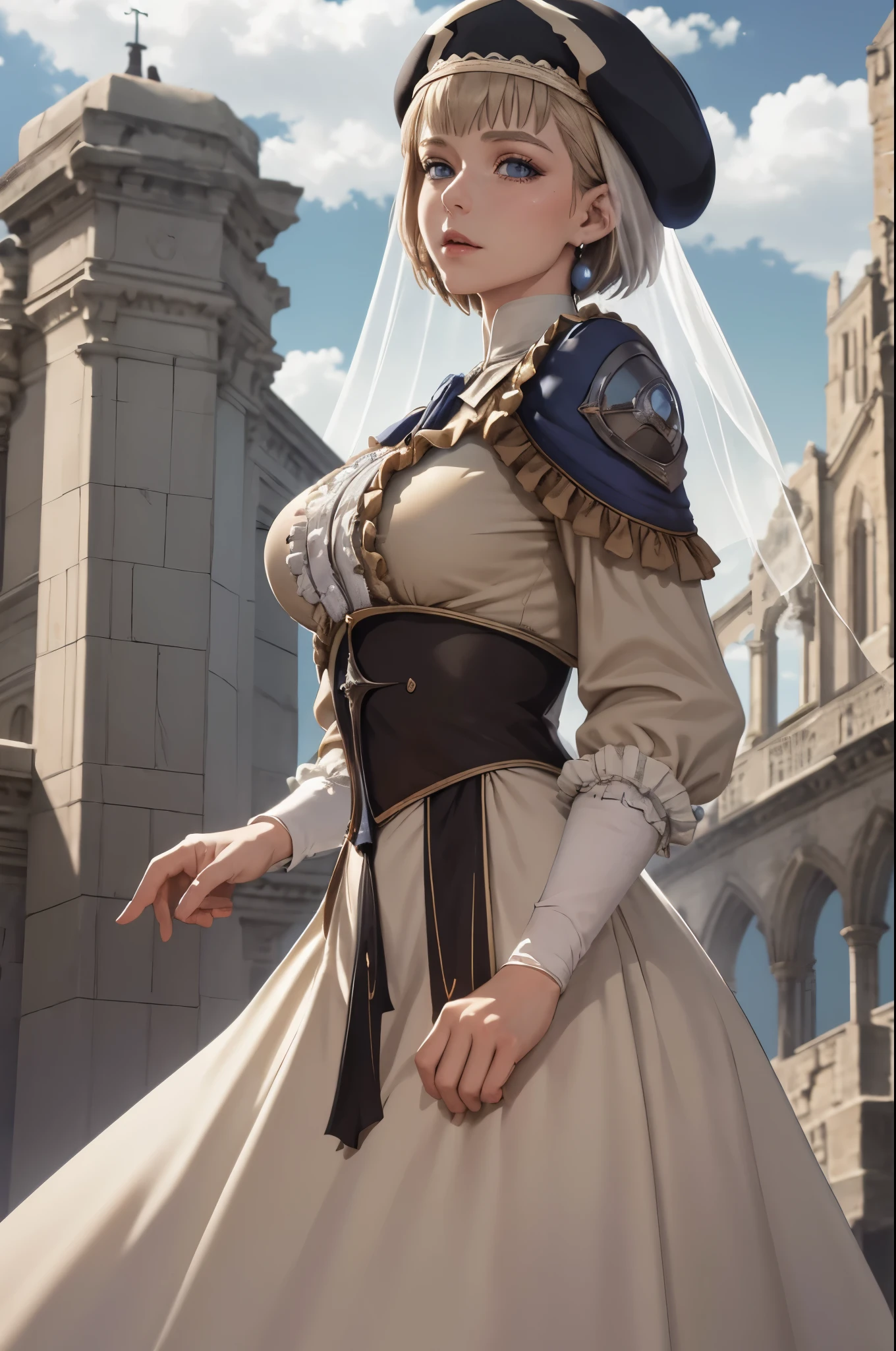 masterpiece, best quality, warMercedes, beret, veil, see-through, short hair, blue ascot, long frilled dress, large breasts, looking at viewer, neutral expression, arms at sides, cathedral, outdoors, clouds, marble architecture, sky 