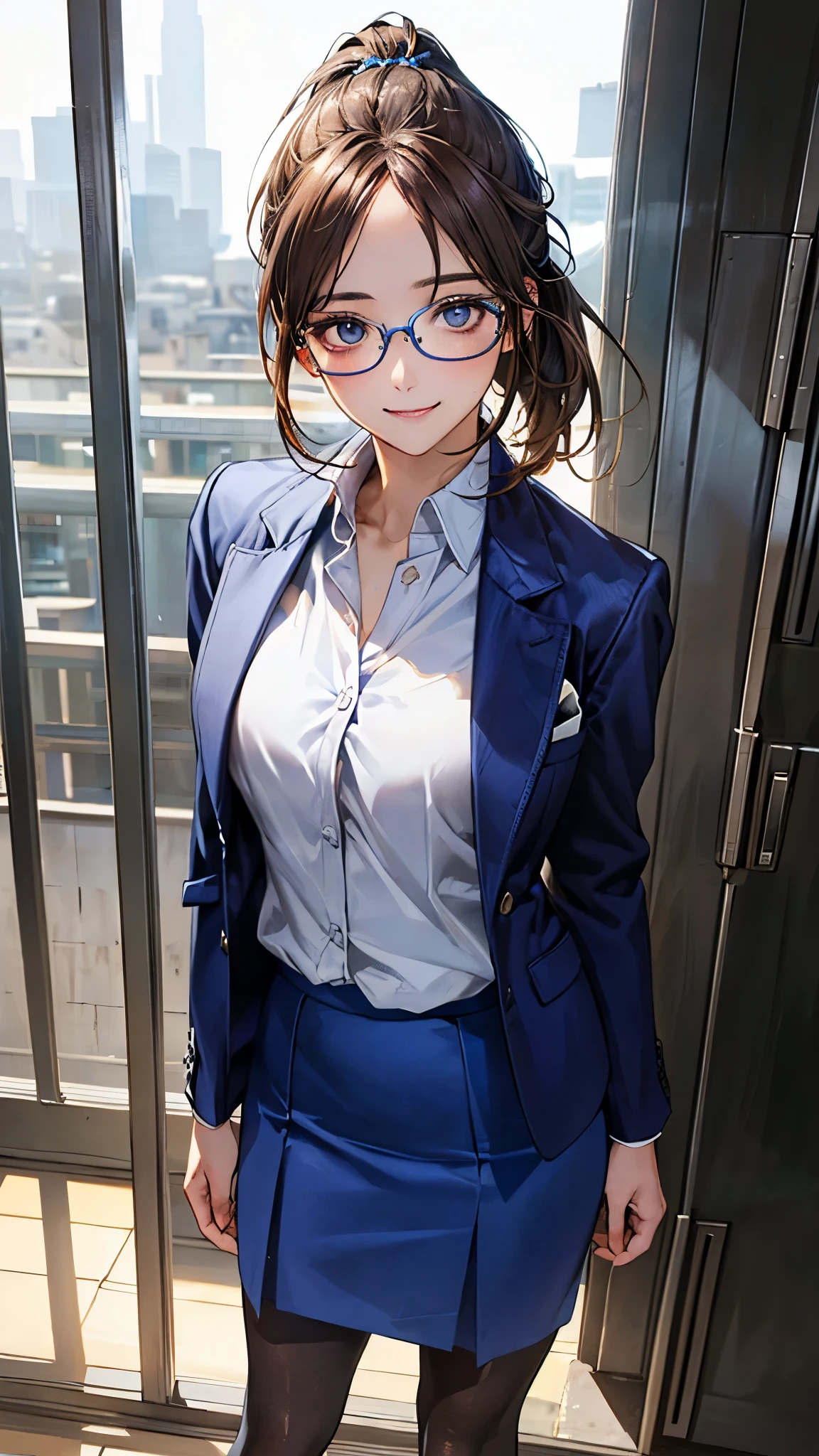 (masterpiece:1.2, top-quality), (realistic, photorealistic:1.4), beautiful illustration, (natural side lighting, movie lighting), nsfw,
looking at viewer, cowboy shot, front view:0.6, 1 girl, japanese, teacher, perfect face, cute and symmetrical face, shiny skin,
(long hair:1.2, ponytail:1.2, forehead, sidelocks, brown hair), blue eyes, long eye lasher, (large breasts:0.8),
beautiful hair, beautiful face, beautiful detailed eyes, beautiful clavicle, beautiful body, beautiful chest, beautiful thigh, beautiful legs, beautiful fingers,
((detailed cloth texture, (saxe blue business suit jacket), white collared shirts, saxe blue grey tight skirt, high heels), wayfarer glasses),
(beautiful scenery), evening, class room, school, standing, (graceful, smile, upper eyes),