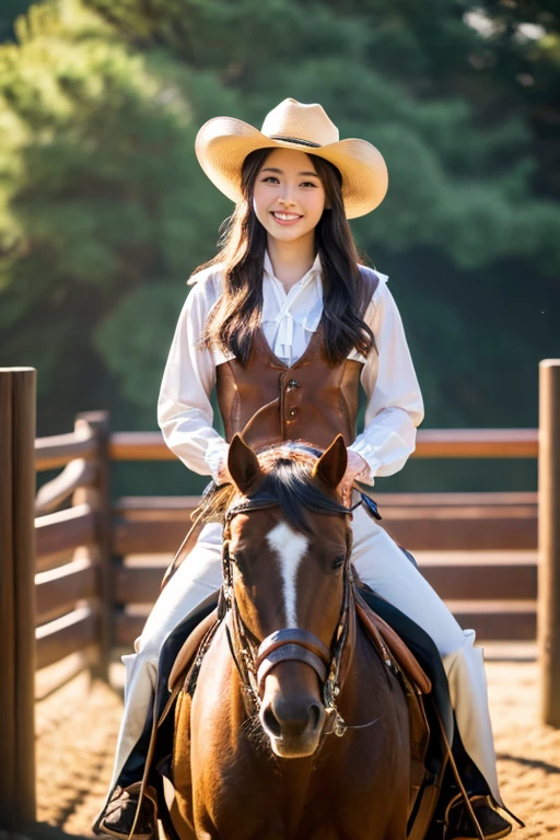 (highest quality, 8K, 32K, masterpiece, UHD: 1.2), 30-year-old Japan woman、cowboy hat、horse riding、Rodio、hold the reins with your right hand、left hand spread out to the side、smile、