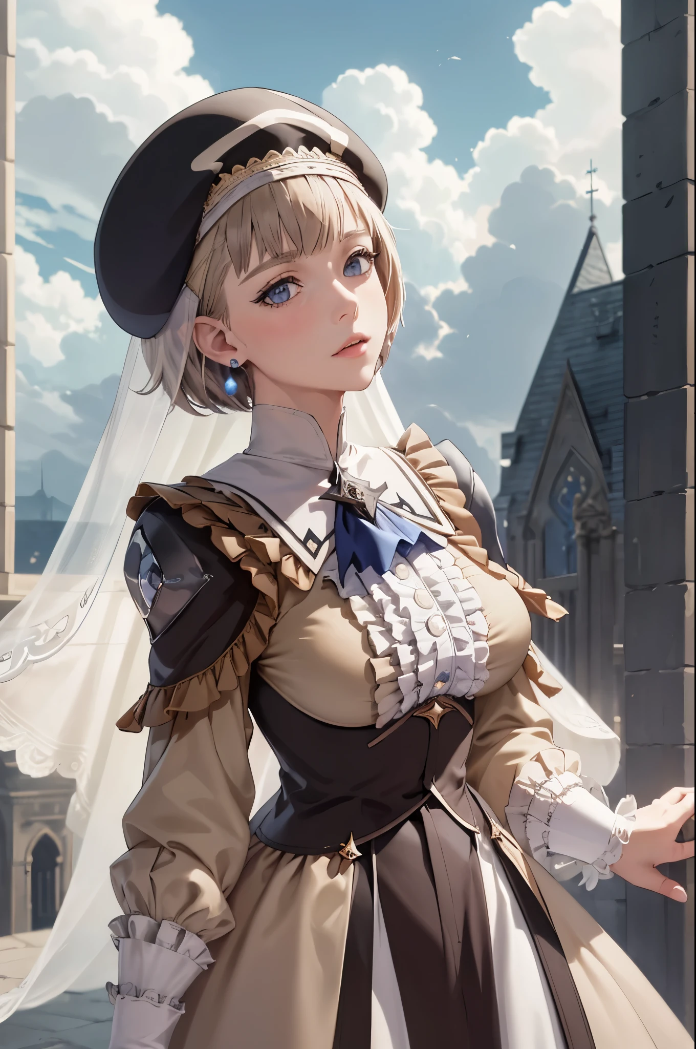 masterpiece, best quality, warMercedes, beret, veil, see-through, short hair, blue ascot, long frilled dress, large breasts, looking at viewer, neutral expression, arms at sides, cathedral, outdoors, clouds, marble architecture, sky 