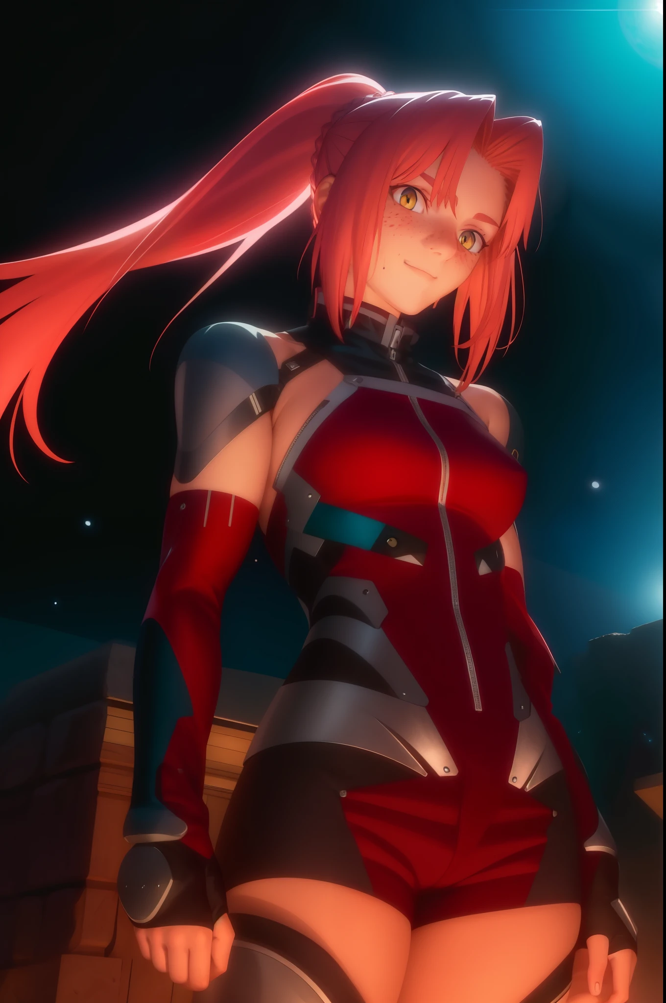 Low Girl, short pink hair, yellow eyes, light eyes, Straight eyes, same eyes, hair in a low ponytail, wild hair, Sloppy hairstyle, freckles, snub nose, Broad smile, GLAD, shoulder length hair, red costume, shorts, фуфайка, European appearance, Beautiful hands, на фоне spaceа, masterpiece, High quality, space, на фоне spaceа, cyberpunk, soft smile, gentle smile, Mischievous gaze