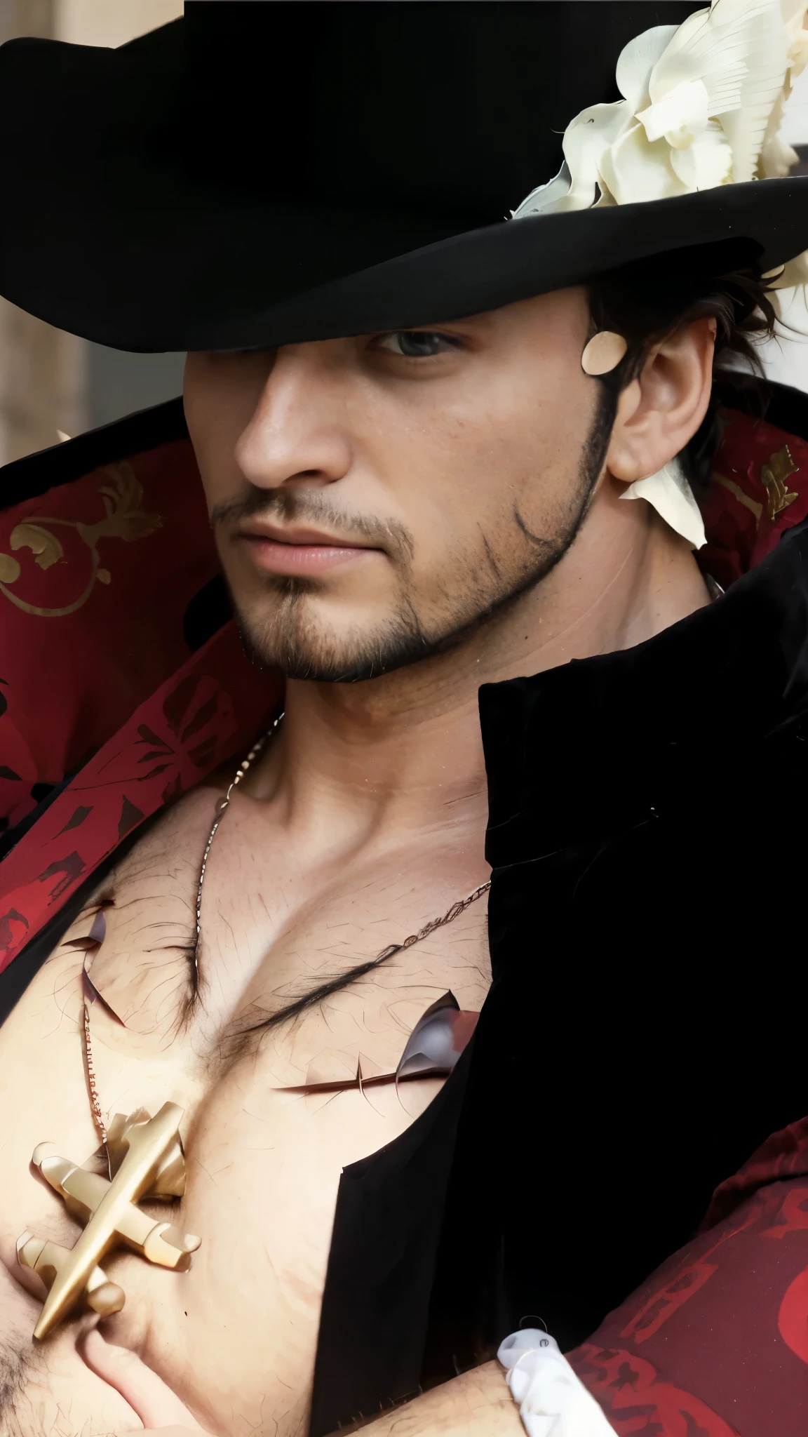 (masterpiece), (realistic), (ultra detailed), ( high reest quality), (photorealistic), (perfect face), (perfect anatomy), (((man))), (((male))), (((Spaniard))), (((30 years old))), (((muscular))), (((solo))), dracule mihawk from one piece, dracule mihawk, (((spiky hair))), black mustache, black beard,his facial expression was angry