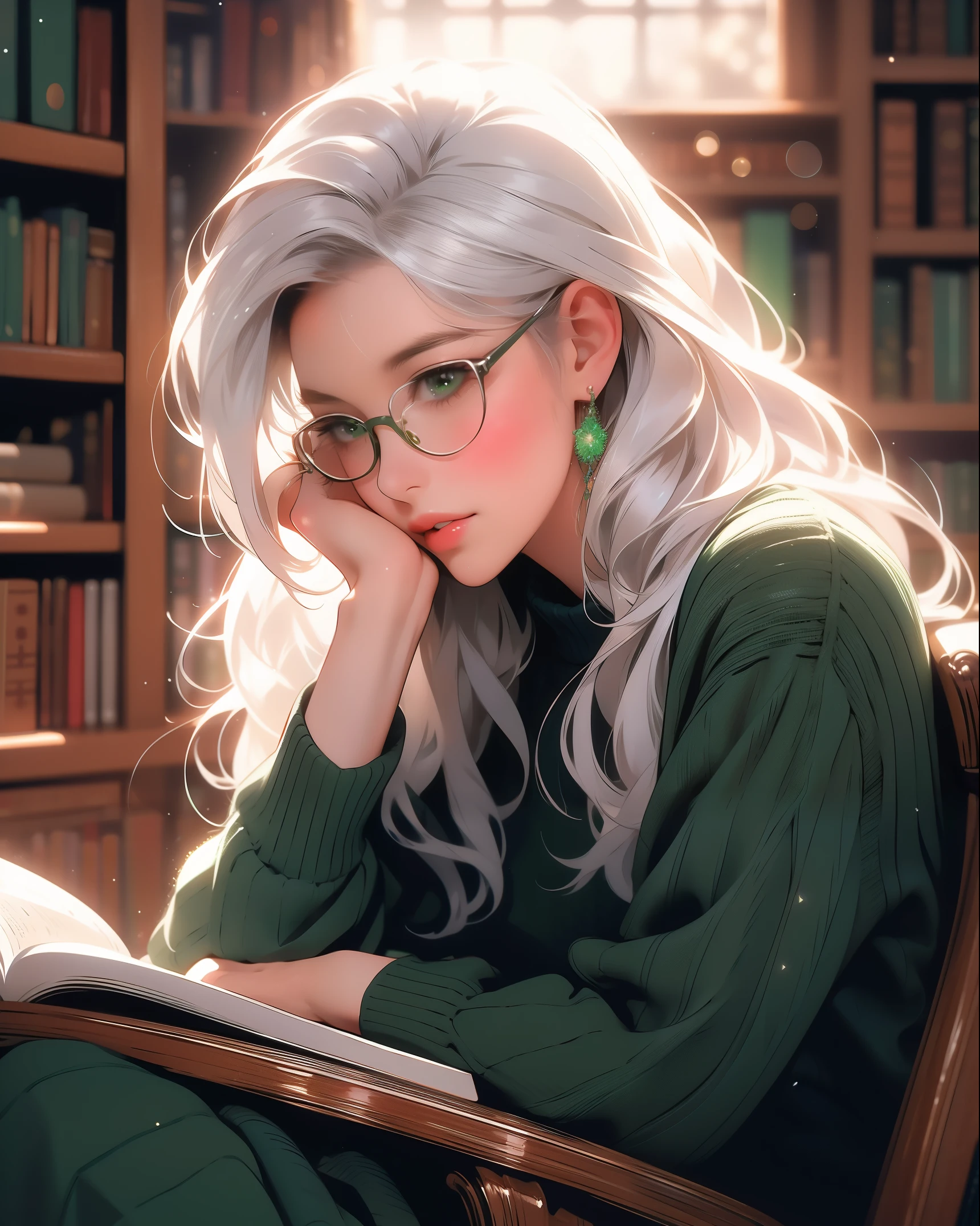 (best quality, ultra-detailed), a girl reading a textbook, beautiful detailed eyes, (green eyes:1.2), beautiful detailed lips, longeyelashes, studying, a quiet library, soft natural lighting, bookshelves filled with books, curled up on a cozy armchair, reading glasses, concentrated expression, flowing hair, (white hair:1.3), plaid skirt and bluesky sweater, high-res image, vivid colors, ultra-realistic, photorealistic, photograph, photogenic, bokeh.