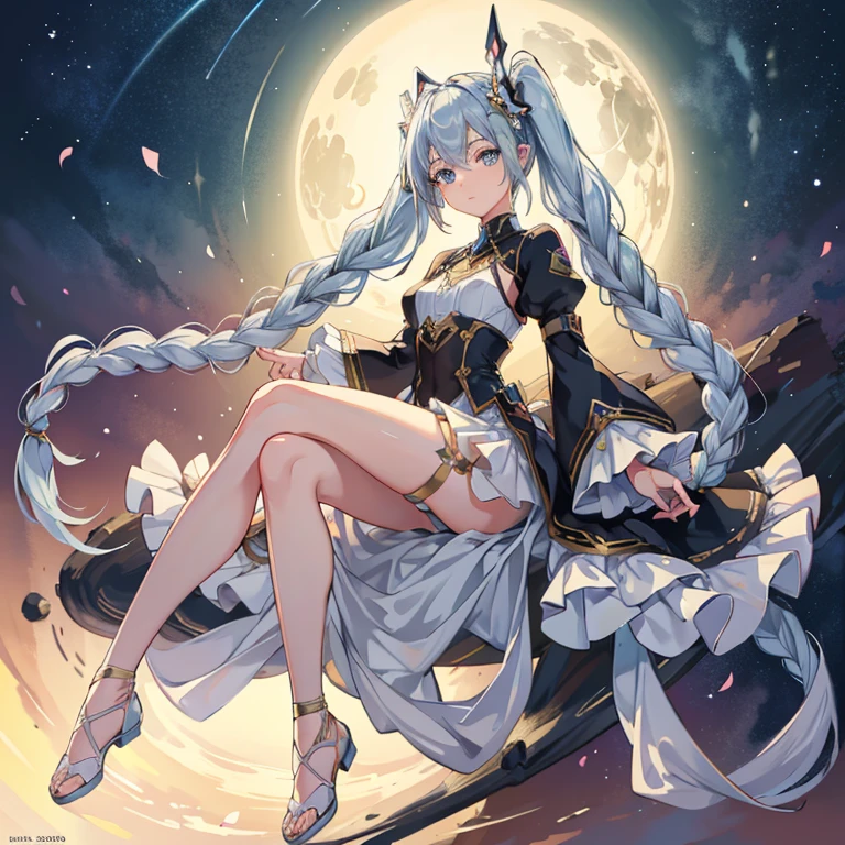 (Masterpiece), ((best quality)), 1girl, ((angle from below)), ((from below)), ((looking down)), smirk, long hair, white hair, cat ears, blue eyes, arms up, ((big breasts)), ((wide hips)), (pastel blue latex bunny suit, skirt), moon, stars
