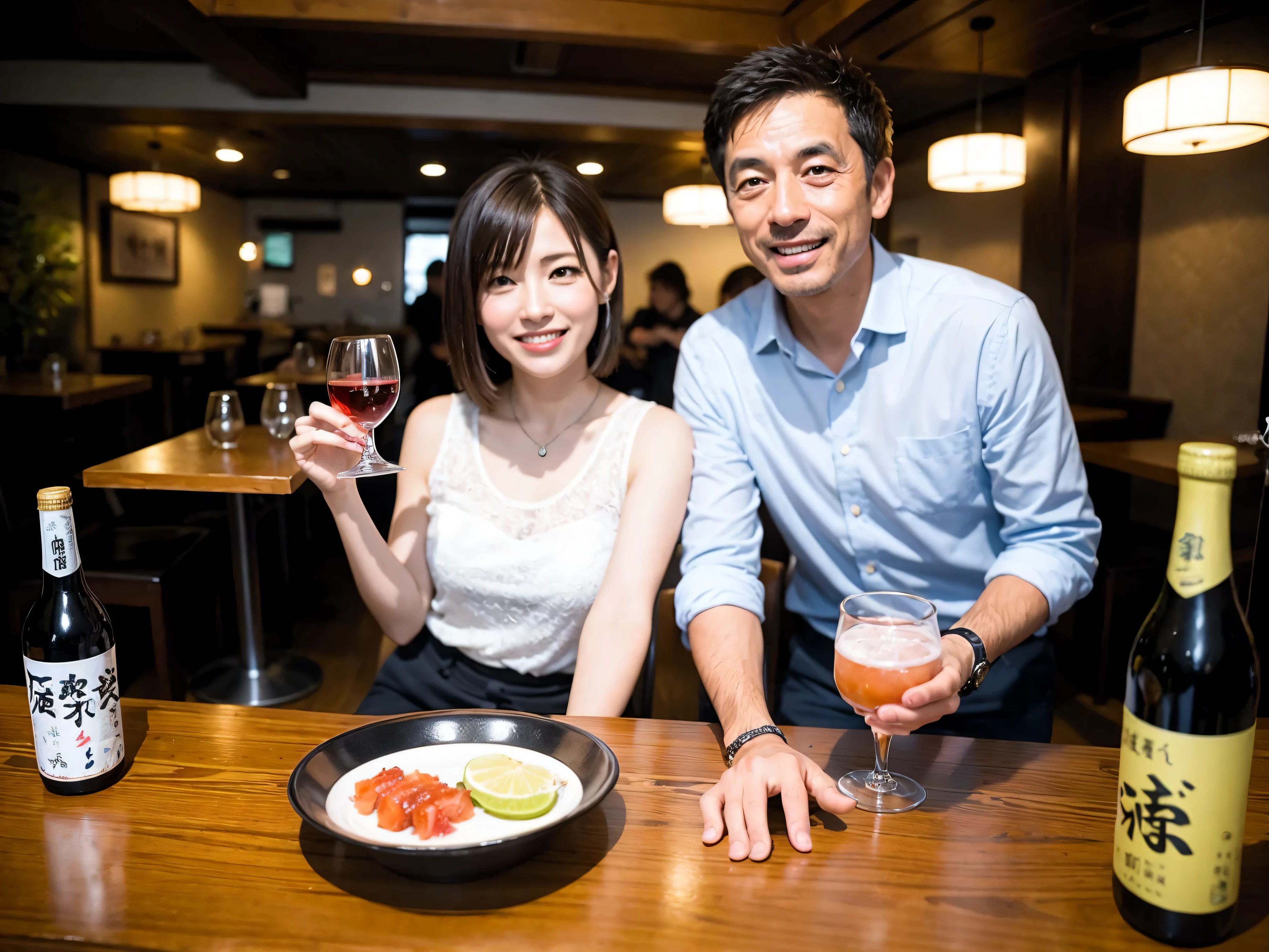 ((Highest quality、、masterpiece:1.3))、1 male 1 female、Yuuko Araki、Slim lovers、Beautiful couple、smile、Japanese sake、sashimi、Yakitori、Tempura、 (Slim face), (the body is スリム), (Brown Hair), (Shortcuts), ((Bob Hale、Straight hair:1.2)), Sake glasses on table、 Amazing view of the sunset sky and clouds、smileの美しさ、Bright image、Blushing, Shortcuts, (43 years old), 39 years old, Appetizers、Long sleeve shirt、dress、Attractive beauty、restaurant, Nova Frog Style, actress, model,