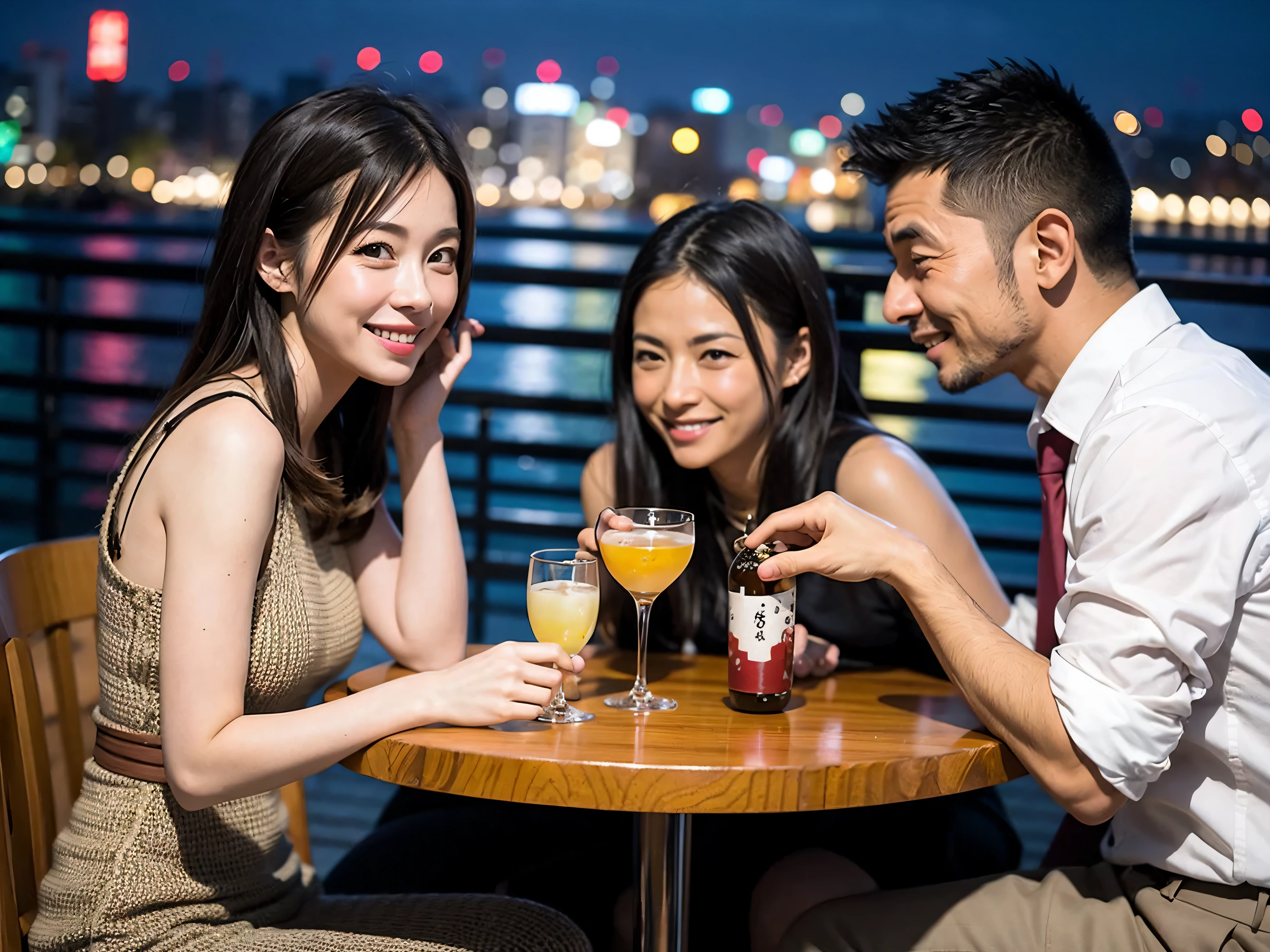 Detailed images that look like they were taken with a high-end camera、party、couple、banquet、Japanese sake、liter bottle、Inoguchi、Shochu、hot sake、Japanese sakeファン、I love Japanese sake、because I'thin、Women who drink alcohol、36 years old、38 years old、Colombia、Brazilian、Japanese、Dutch、German、Portuguese、Belgian、chiri、American、french、Spaniard、Italian、Indian、Englishman、Cut your hair short、brown hair、beautiful woman with glasses and cup、Japanese sakeグラスとワイングラスには清酒が入っています.、720m of Japanese sake、1.You can also see the 8L sake bottle...、There is also Choshi、adult woman in her 30s、Have a nice smile while enjoying a drink.、The location is a hotel restaurant..、You can see the beautiful night view of the city outside the window..、The floor is the 1st floor、In the background you can see a man and a woman enjoying alcohol...。