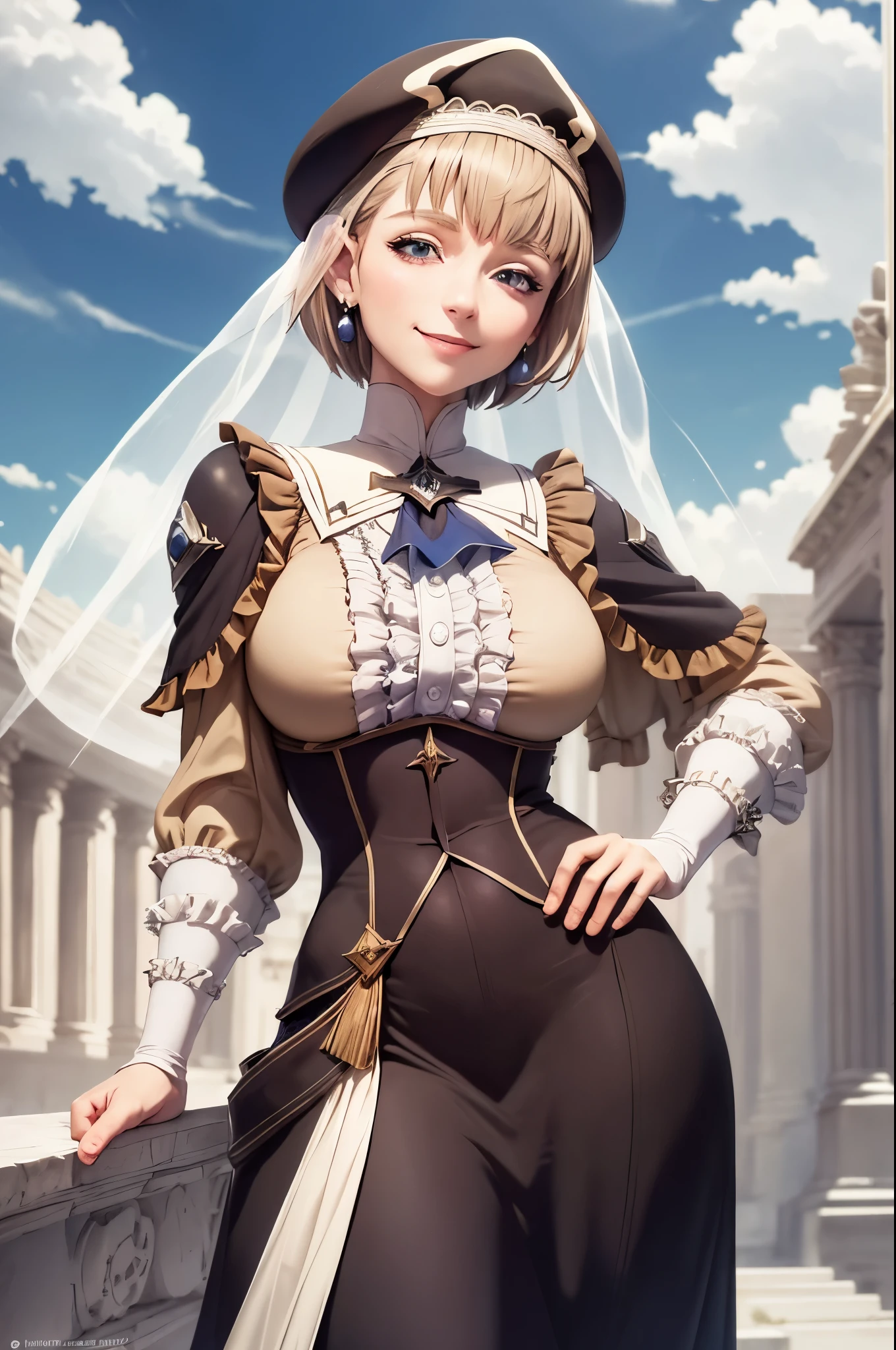 masterpiece, best quality, warMercedes, beret, veil, see-through, short hair, blue ascot, long frilled dress, large breasts, looking at viewer, smile, hand on own arm, outdoors, clouds, marble architecture, sky 