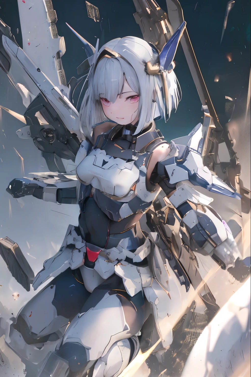 (highest quality)), ((masterpiece)), (very detailed: 1.3), 3D, {(1 girl)}, (wear dark blue Old School Swimsuit under armor:1.2), unarmored waist, wears a futuristic white Gundam mecha,(Gundam), with headgear, with v-fin , armored shoulders,armored under arms, armored under legs, dark blue Old School Swimsuit, multilayer textureperfect proportions, octane rendering, duotone lighting, Low ISO, wide aperture, White balance, Rule of thirds, ultra HD16k, HDR (High Dynamic Range), Ray Tracing, NVIDIA RTX, Super Resolution, Subsurface Scattering, PBR Texturing, Post Processing, Anisotropic Filtering, Depth of Field, Maximum Clarity and Clarity, High efficiency subpixel, subpixel convolution, particles of light, light scattered, Tyndall effect, full body:1.5, battle pose, cute, (cute:1.2), (bob cut:1.3),三つ編み, 黒髪, 太い眉毛, 薄い色の虹彩, 大きくて輝いている黒い瞳, 長いまつげ, 小さく薄い色の自然な唇, (Average face of Japanese idols), (日本人特有の童顔:1.3), (baby face), 広いおでこ:1.2, ふっくらした頬, 小さな顎, Mechanical wing,Metal wings,Mecha wing,, On the calm waters of Iceland,looking at viewer,Focus on the eyes