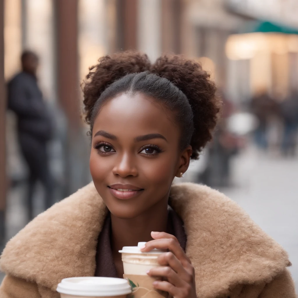 ((Dark African skin, Very deep ebony skin)), ((Its beauty is undeniable)), ((Excited cute face)), ((Hyper detailed perfect eyes,)), ((Language output)), ((laughing)), sexy, ((beige warm winterjacket, jeans, sitting at a Starbucks)), ((Afro ponytail with long African curly hair,)), ((skin)), ((sitting, front view)), ((touching her own legs in a sexy pose)), ((The Hague, morning, winter, people in the background)), Sharp Focus CGI, photorealistic, High detail, Realistic, Masterpiece, absurd, Best quality, Hdr, High quality, high-definition, Extremely detailed, 8k wallpaper, Intricate details, 8K UHD, Full-HD, (photo realist:1.2), contrast, intense illumination, lighting cinematic, natural lighting, morning light, winter, Illumination globale, African women, Female sexy