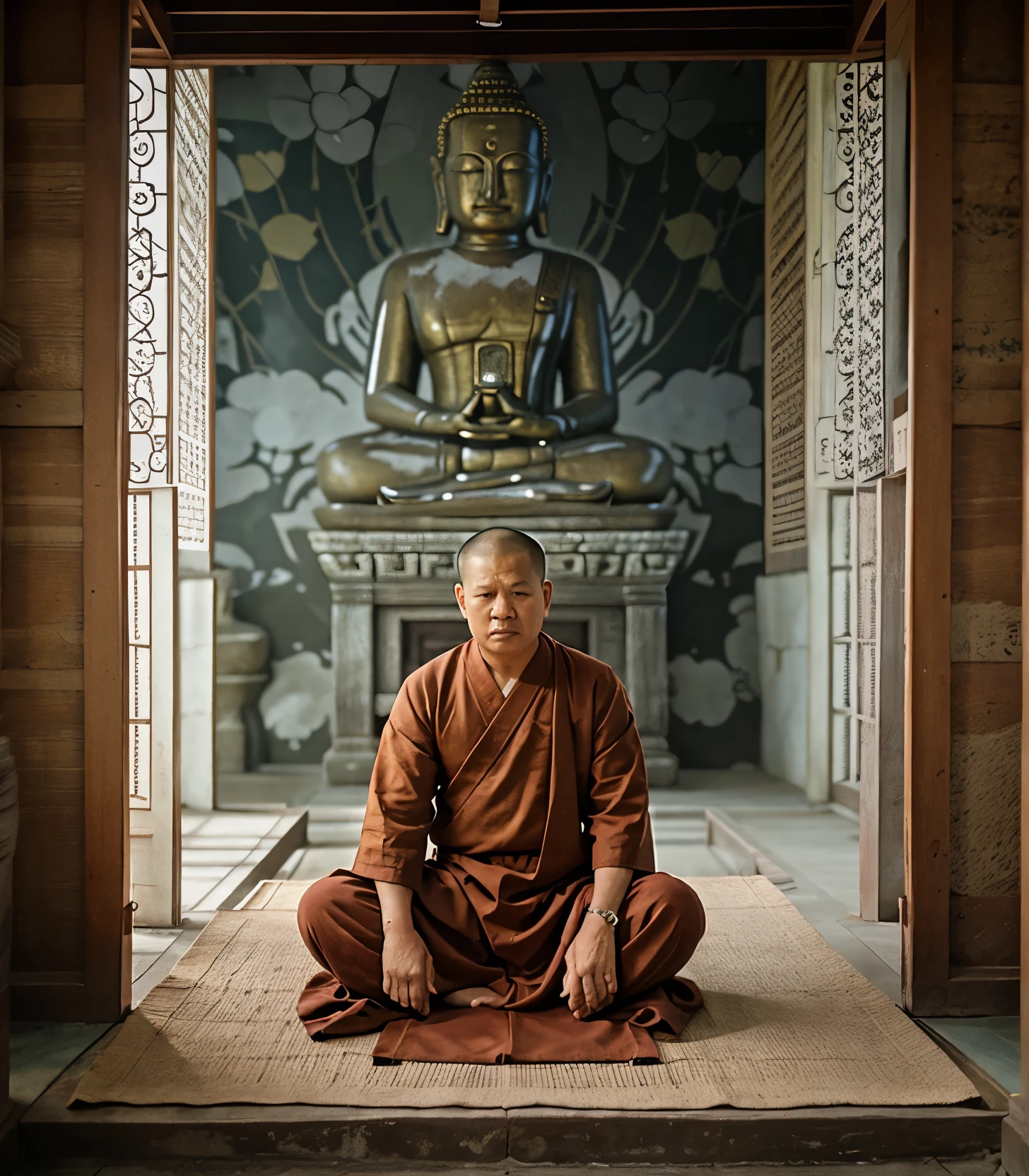monk sitting on the floor in front of a statue, portrait of monk, buddhist monk meditating, monk meditate, buddhist monk, full body picture of a male monk, 2 1 st century monk, buddhist, in a temple, monk, portrait of an old, buddhism, portrait of a old, standing in a buddhist temple, thailand, monk clothes