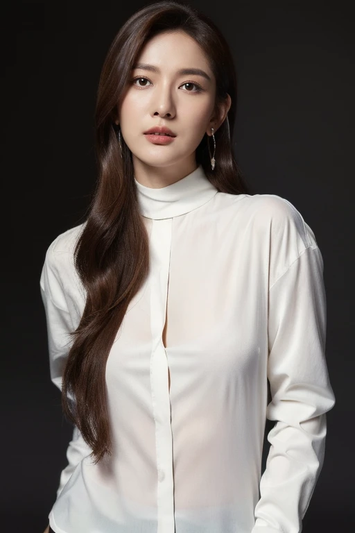 Li Yunsi,1girl,pleated skirt,turtleneck,earrings,brown hair,long hair,brown eyes,(white shirt:1.5),best quality,masterpiece,illustration,an extremely delicate and beautiful,CG,unity,8k wallpaper,Amazing,finely detail,masterpiece,official art,extremely detailed CG unity 8k wallpaper,incredibly absurdres,huge filesize,ultra-detailed,highres,extremely detailed,beautiful detailed girl,realistic,full frontal,full body, (best quality, masterpiece, Representative work, official art, Professional, 8k)