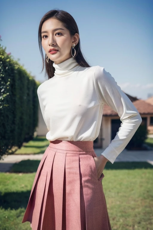 35mm photo, Li Yunsi, girl, white shirt, pleated skirt, turtleneck, earrings, highres, super detail, Super high saturation, bright and vivid colors, (best quality, masterpiece, Representative work, official art, Professional, 8k)