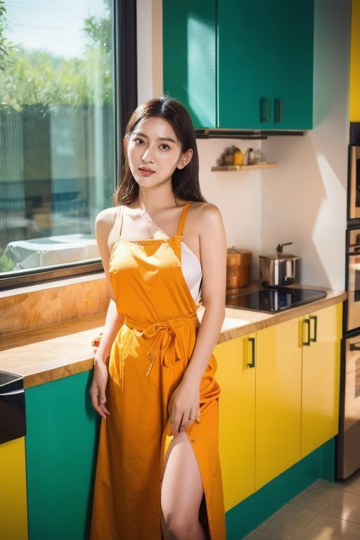 35mm photo, Li Yunsi, girl, kitchen, highres, super detail, Super high saturation, bright and vivid colors, (best quality, masterpiece, Representative work, official art, Professional, 8k)