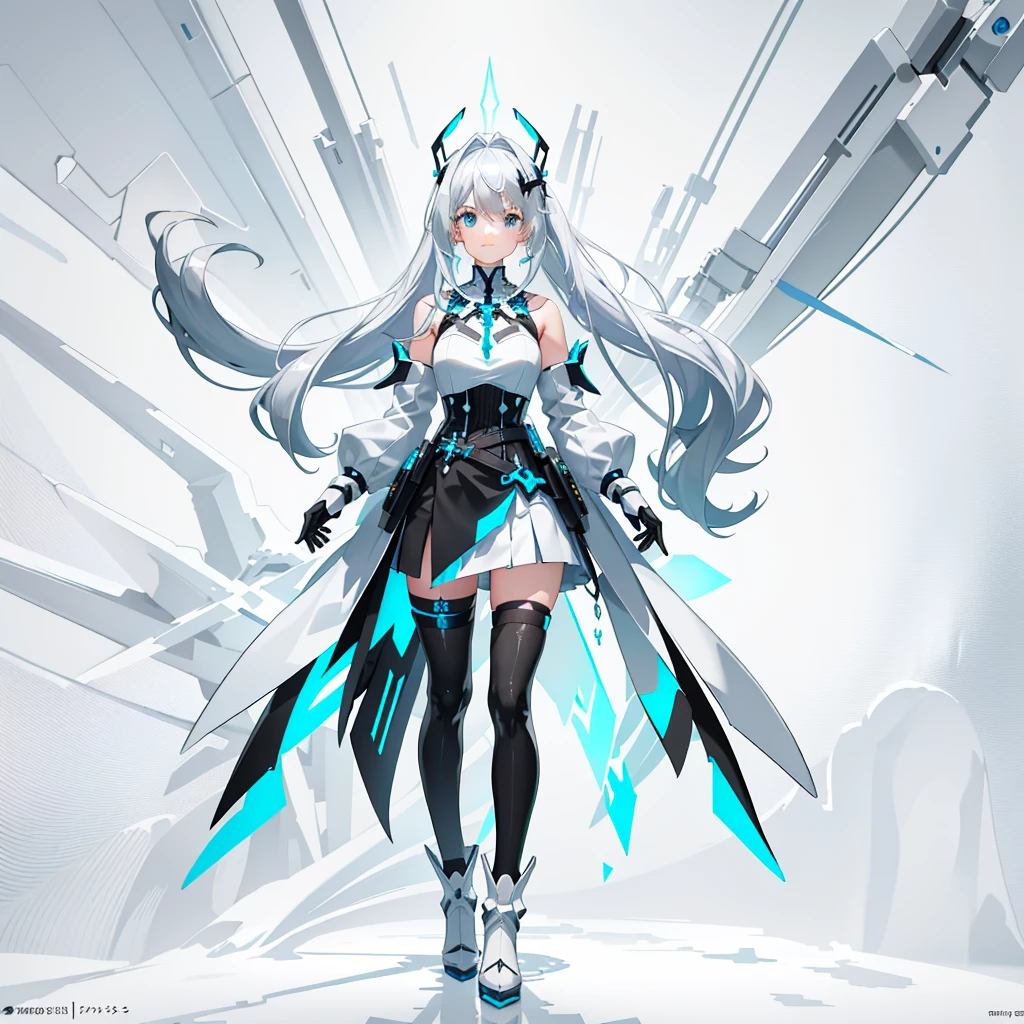 (((full body portrait))) ({best quality}, {{masterpiece}},, {highres}),extremely detailed 8K wallpaper,anime_3D_Rendering,(solo,3girl),teenager,curvaceous_body,d_cup_breasts,detailed_face,slender waist,floating,perspective,beautiful_face,ample_breasts,high_saturation coloring,prodigy_girl,looking at viewer,standing next to viewer,confident,isomeric_view,realistic_lighting,ray_tracing,character_splash_art,honkai_star_rail

Full detailed face,(vivid_silver_hair,detailed hair,shoulder-long hair,twintail hairstyle,icy_blue tips,aqua inner hair,straight flowy hair,base tied with sharp hairclips,loose end,flowy,detailed),(two strands of silver hair framing face),singke white ahoge hair

(two sets of dual white blade-shaped mechanical headpiece,white antenna,pointy,blue at edge),(deep azure eyes,white cross pupil,realistic eyes,sharp eyes edge),head mounted display

((White and black mechanical battlesuit,figure-hugging)),(white long gloves,silky,detailed hands,darkblue edge),long sleeves,elbow pads,white armor figure-hugging vest around breasts,darkblue edge,dark blue medals on vest,(white and azure hoodie),(white mechanical armor corset,a few slate blue glowing lines,black zipper),(white and aqua flowy capes,edged trims,minor light blue lining at tips),(black waistband,two silver holsters attached to waistband),(knee-length white mechanical dress,segmented hem,),white tassets,thigh-length,(black leggings),(blue legband around leg thigh,buckle),(long armor mechanical silver dress,elegant,trims,blue edge line),(black leggings),(white long combat boots,heeled)

,snowy weather,standing amidst snowy forests,tyndall effect rays of light,tfloating,broodiding,calm expression,gentle smile,left hand on hips pose,right palm loose and empty,vivid facial expressions