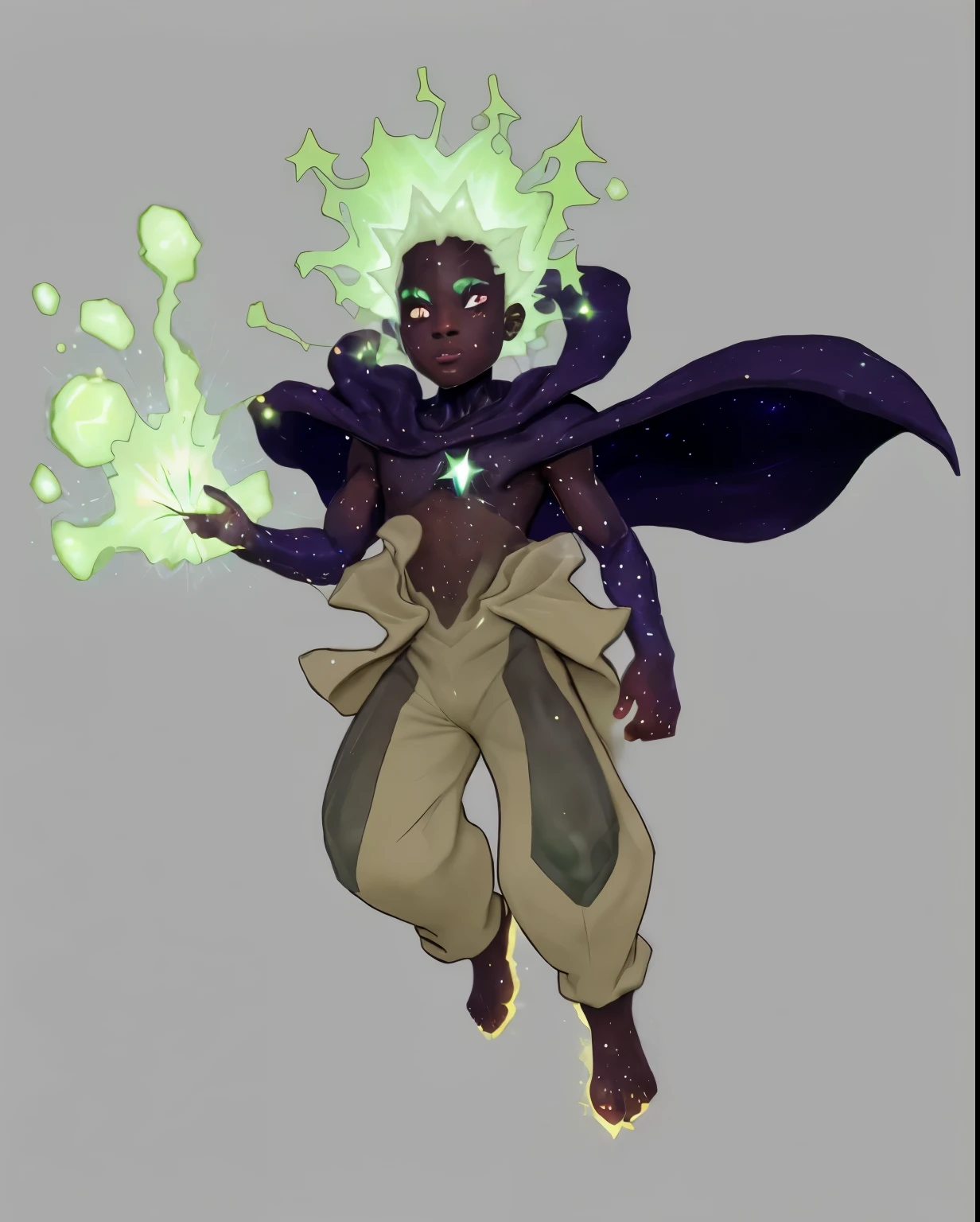 a black boy with green stardust powers and starry skin