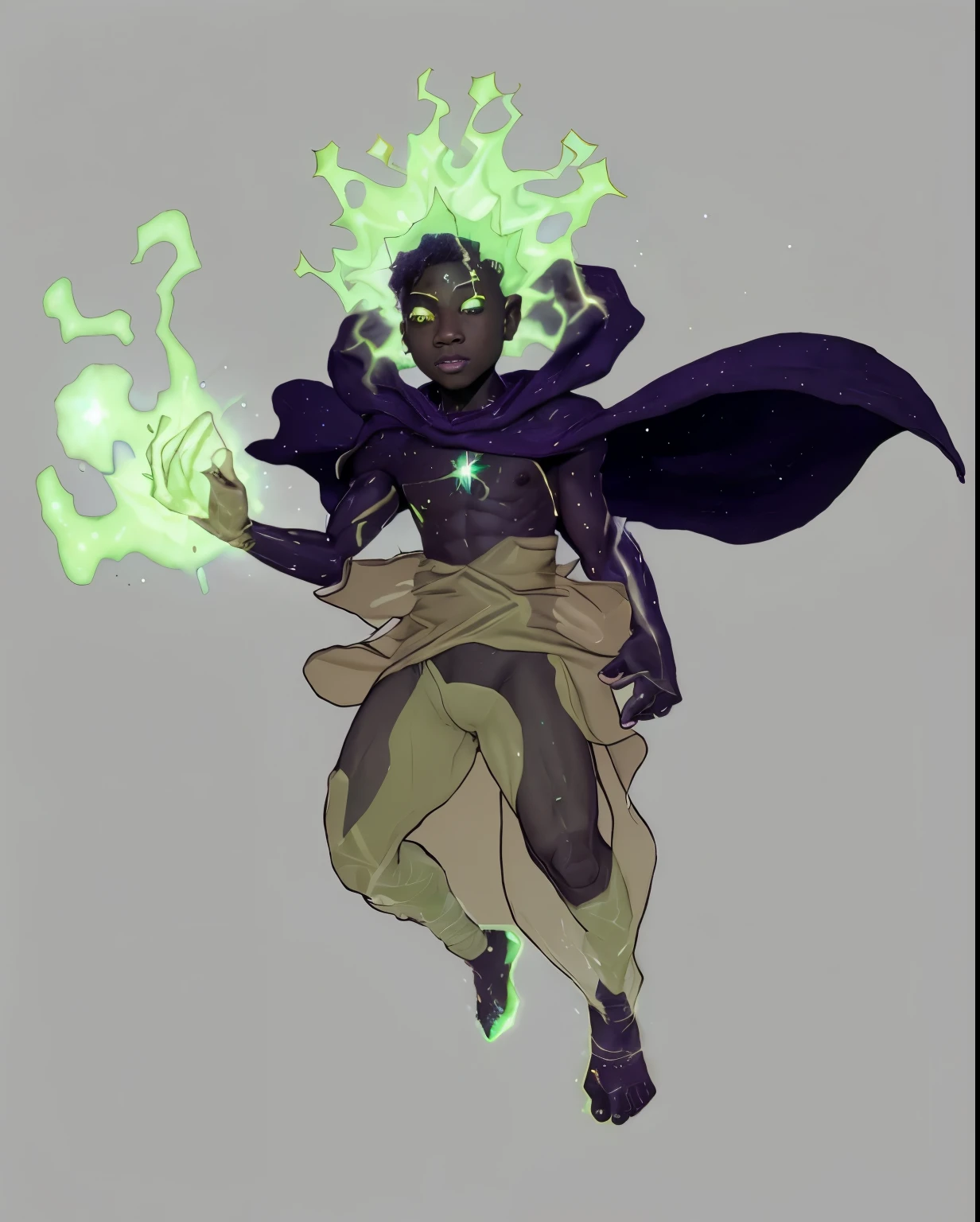 a black boy with green stardust powers and starry skin