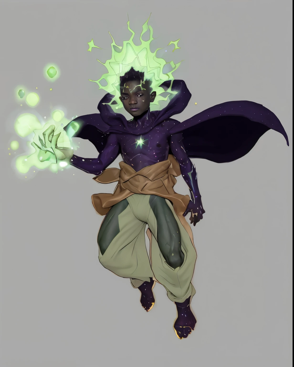 a black boy with green stardust powers and starry skin