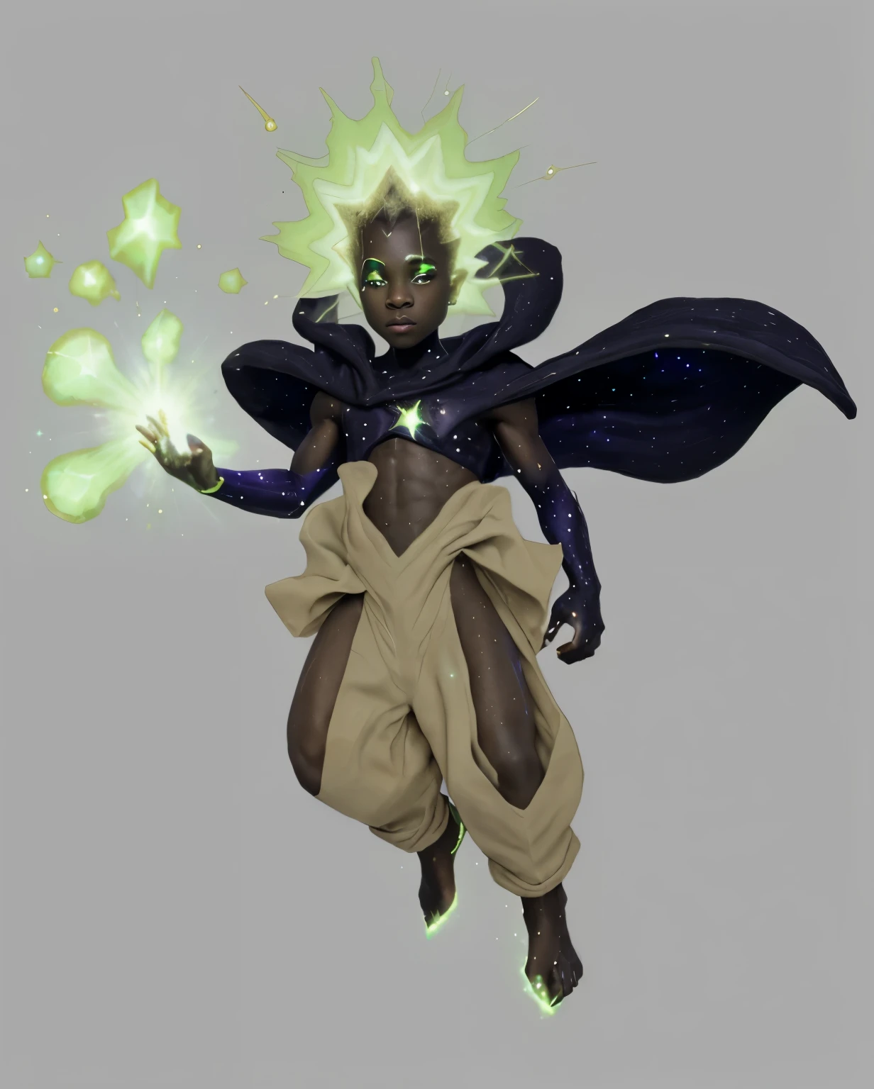 a black boy with green stardust powers and starry skin 