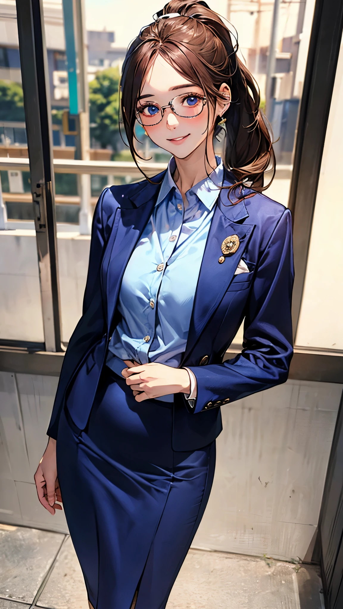 (masterpiece:1.2, top-quality), (realistic, photorealistic:1.4), beautiful illustration, (natural side lighting, movie lighting), nsfw, 
looking at viewer, cowboy shot, front view:0.6, 1 girl, japanese, teacher, perfect face, cute and symmetrical face, shiny skin, 
(long hair:1.2, ponytail:1.2, forehead, sidelocks, brown hair), blue eyes, long eye lasher, (large breasts:0.8), 
beautiful hair, beautiful face, beautiful detailed eyes, beautiful clavicle, beautiful body, beautiful chest, beautiful thigh, beautiful legs, beautiful fingers, 
((detailed cloth texture, (saxe blue business suit jacket), lavender collared shirts, saxe blue tight skirt, high heels), wayfarer glasses), 
(beautiful scenery), evening, class room, school, standing, (graceful, smile, upper eyes), 