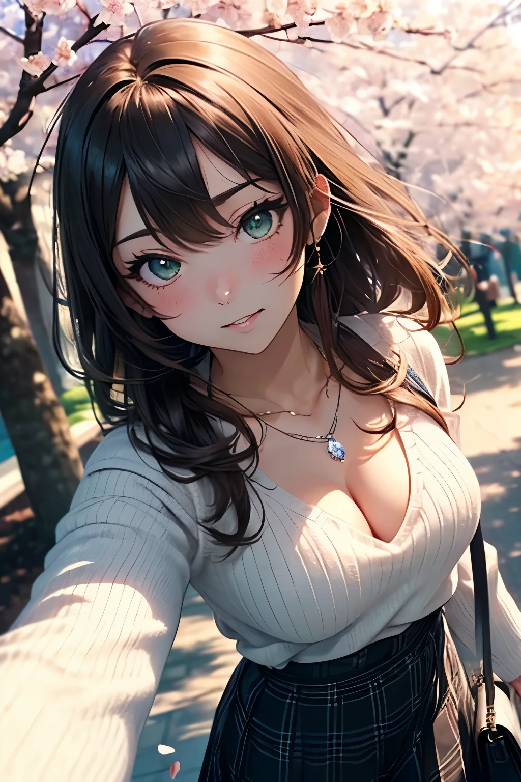 ((masutepiece, Best Quality, hight resolution, nffsw, Perfect Pixel, depth of fields, 4K, nffsw, nffsw))), 1girl in, Single, Solo, Beautiful anime girl, Beautiful Art Style, Anime Character, ((Long hair, Bangs, Brown hair)), ((Green eyes:1.4, rounded eyes, Beautiful eyelashes, Realistic eyes)), ((Detailed face, Blushing:1.2)), ((Smooth texture:0.75, Realistic texture:0.65, Photorealistic:1.1, Anime CG style)), ((medium breasts, cleavage, busty)), Dynamic Angle, Perfect body, ((POV, Selfie Pose, Portrait)), ((White sweater, Long sleeve, Black skirt, plaid skirts, Fashionable, 1 handbag, 1 diamond necklace)), Smile, Open mouth, college campus, ((The cherry tree, Cherry blossoms fall))