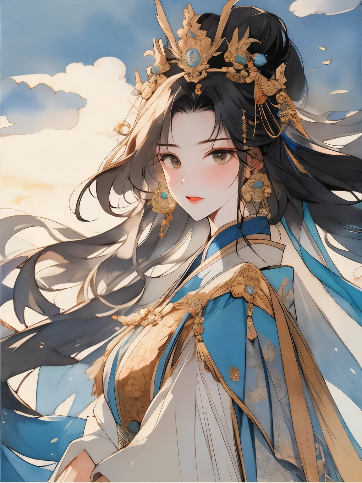 masterpiece,close up,Chinese classical style women,穿silk汉服的女孩,Gorgeous pale gold Hanfu,Antique beauty,Ink smudge,watercolor smudge,beautiful young woman,Dunhuang style,long black hair,veil,上半身close up,station,Exquisite makeup,Chinese style,Beautiful rendering of the Tang Dynasty,Gorgeous gilt headdress,Burnt blue jade,Shawl,hanfu,Chinese costumes,distant mountains,Clouds,silk,damask,splash ink,Exquisite details,Warm lighting,Light and shadow rendering,HD,Super gorgeous details, 8k high quality detailed art