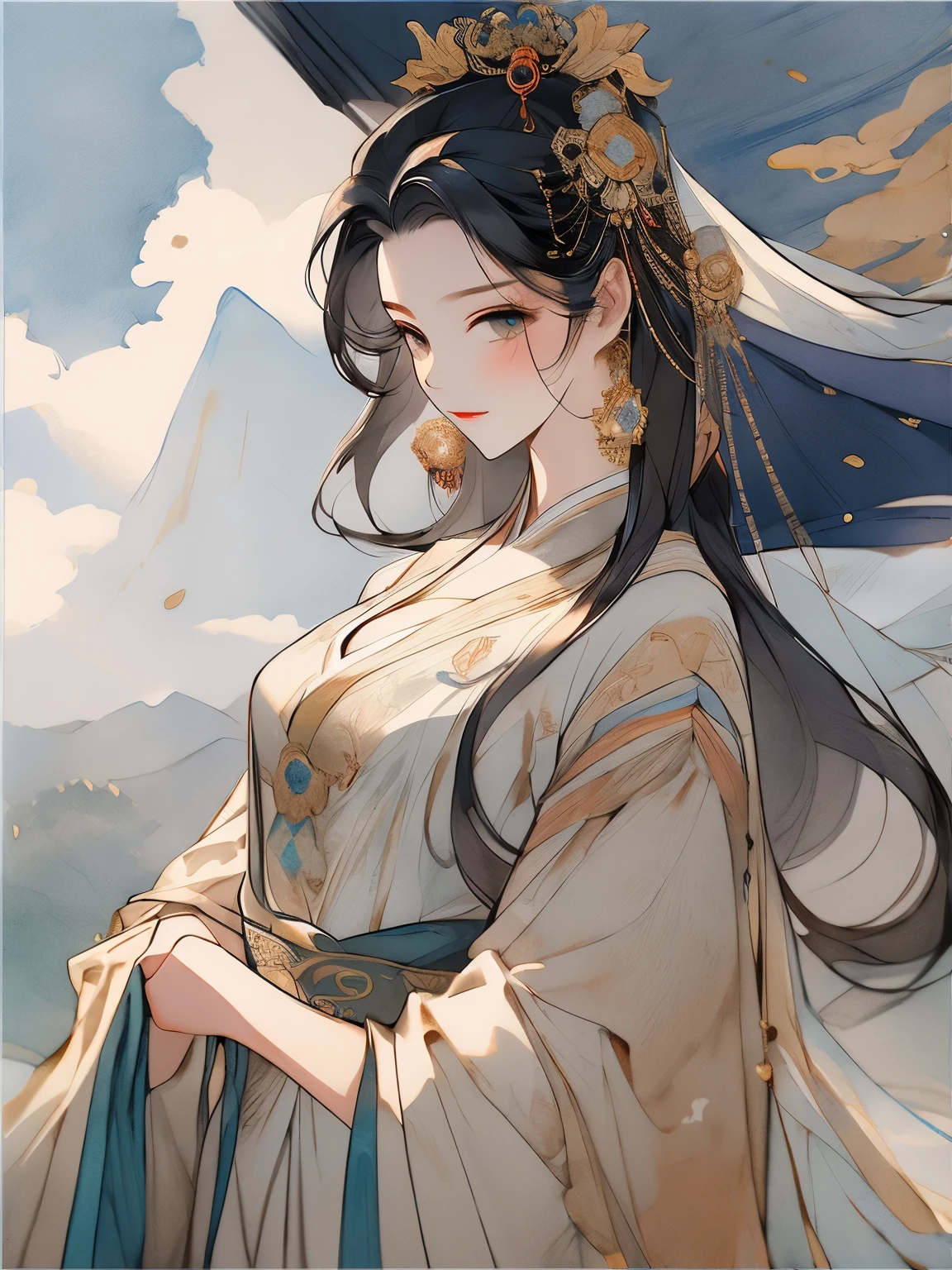 masterpiece，close up，Chinese classical style women，穿silk汉服的女孩，Gorgeous pale gold Hanfu，Antique beauty，Ink smudge，watercolor smudge，beautiful young woman，Dunhuang style，long black hair，veil，上半身close up，station，Exquisite makeup，Chinese style，Beautiful rendering of the Tang Dynasty，Gorgeous gilt headdress，Burnt blue jade，Shawl，hanfu，Chinese costumes，distant mountains，Clouds，silk，damask，splash ink，Exquisite details，Warm lighting，Light and shadow rendering，HD，Super gorgeous details， 8k high quality detailed art