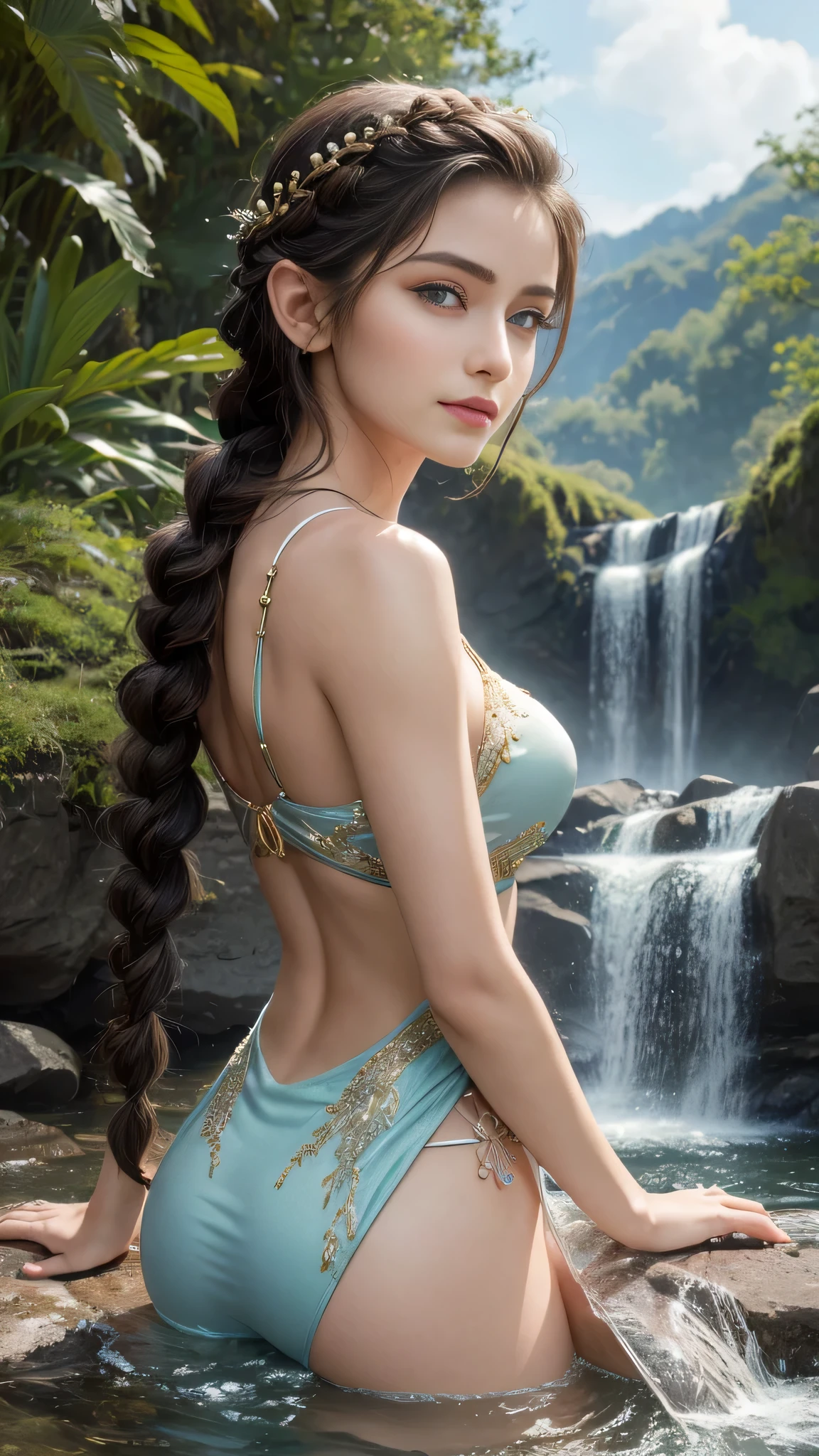 (Masterpiece, best quality, award winning, photorealistic, fashion photography :1.5), Photoshoot by DSLR camera, from back, sharp focus, close-up shot with 35mm. lens and f/1.4. A beautiful European female youth, pretty girl, model, ig idol, cosplayer, delicate face, attractive skinny body, slender body, breasts, elf ear, beautiful eyes, no make-up, single braid hairs. Wearing intricate goddess attire. goddess of water costume, beautiful waterfall view in background, smirking.