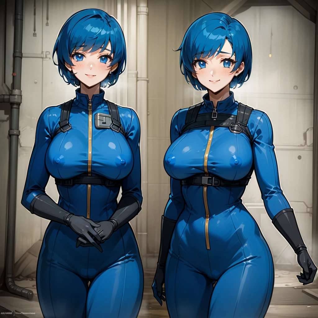 nsfw, Ami Mizuno, short hair, bleu hair, blue eyes, smile,  
blue bodysuit, 13
standing, upper body, 
underground vault, clean, fallout 4,  
(insanely detailed, beautiful detailed face, masterpiece, best quality),  