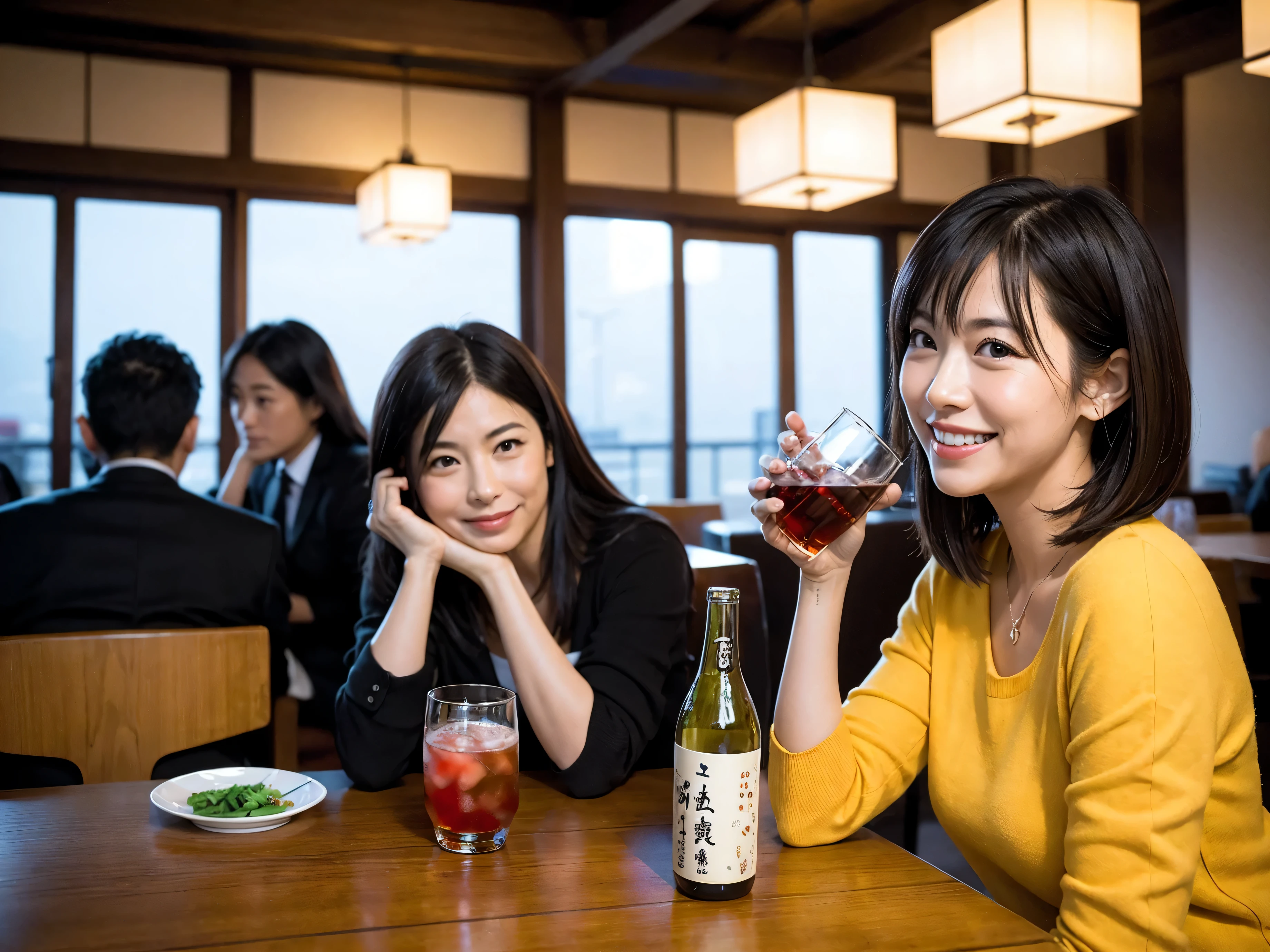 Detailed images that look like they were taken with a high-end camera、party、couple、banquet、Japanese sake、liter bottle、Inoguchi、Shochu、hot sake、Japanese sakeファン、I love Japanese sake、because I'thin、Women who drink alcohol、36 years old、38 years old、Colombia、Brazilian、Japanese、Dutch、German、Portuguese、Belgian、chiri、American、french、Spaniard、Italian、Indian、Englishman、Cut your hair short、brown hair、beautiful woman with glasses and cup、Japanese sakeグラスとワイングラスには清酒が入っています.、720m of Japanese sake、1.You can also see the 8L sake bottle...、There is also Choshi、adult woman in her 30s、Have a nice smile while enjoying a drink.、The location is a hotel restaurant..、You can see the beautiful night view of the city outside the window..、The floor is the 1st floor、In the background you can see a man and a woman enjoying alcohol...。