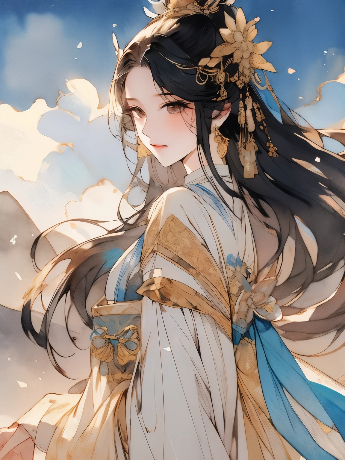 masterpiece,close up,Chinese classical style women,穿silk汉服的女孩,Gorgeous pale gold Hanfu,Antique beauty,Ink smudge,watercolor smudge,beautiful young woman,Dunhuang style,long black hair,veil,上半身close up,station,Exquisite makeup,Chinese style,Beautiful rendering of the Tang Dynasty,Gorgeous gilt headdress,Burnt blue jade,Shawl,hanfu,Chinese costumes,distant mountains,Clouds,silk,damask,splash ink,Exquisite details,Warm lighting,Light and shadow rendering,HD,Super gorgeous details, 8k high quality detailed art