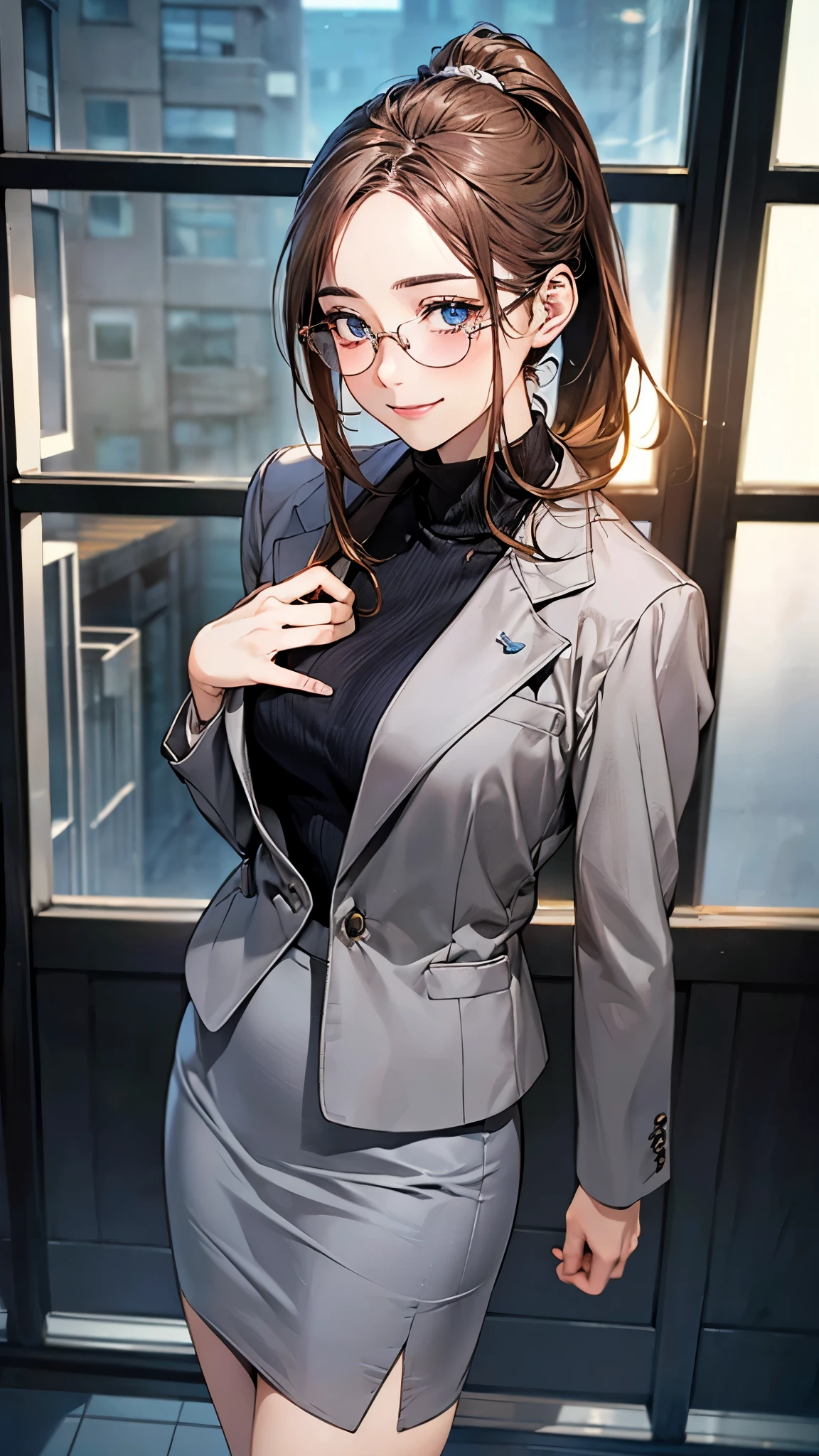 (masterpiece:1.2, top-quality), (realistic, photorealistic:1.4), beautiful illustration, (natural side lighting, movie lighting), nsfw,
looking at viewer, cowboy shot, front view:0.6, 1 girl, japanese, teacher, perfect face, cute and symmetrical face, shiny skin,
(long hair:1.2, ponytail:1.2, forehead, sidelocks, light brown hair), blue eyes, long eye lasher, (large breasts:0.8),
beautiful hair, beautiful face, beautiful detailed eyes, beautiful clavicle, beautiful body, beautiful chest, beautiful thigh, beautiful legs, beautiful fingers,
((detailed cloth texture, (darkgrey business suit jacket), lavender turtleneck, dark grey pencil skirt, high heels), wayfarer glasses),
(beautiful scenery), evening, class room, school, standing, (graceful, smile, upper eyes),
