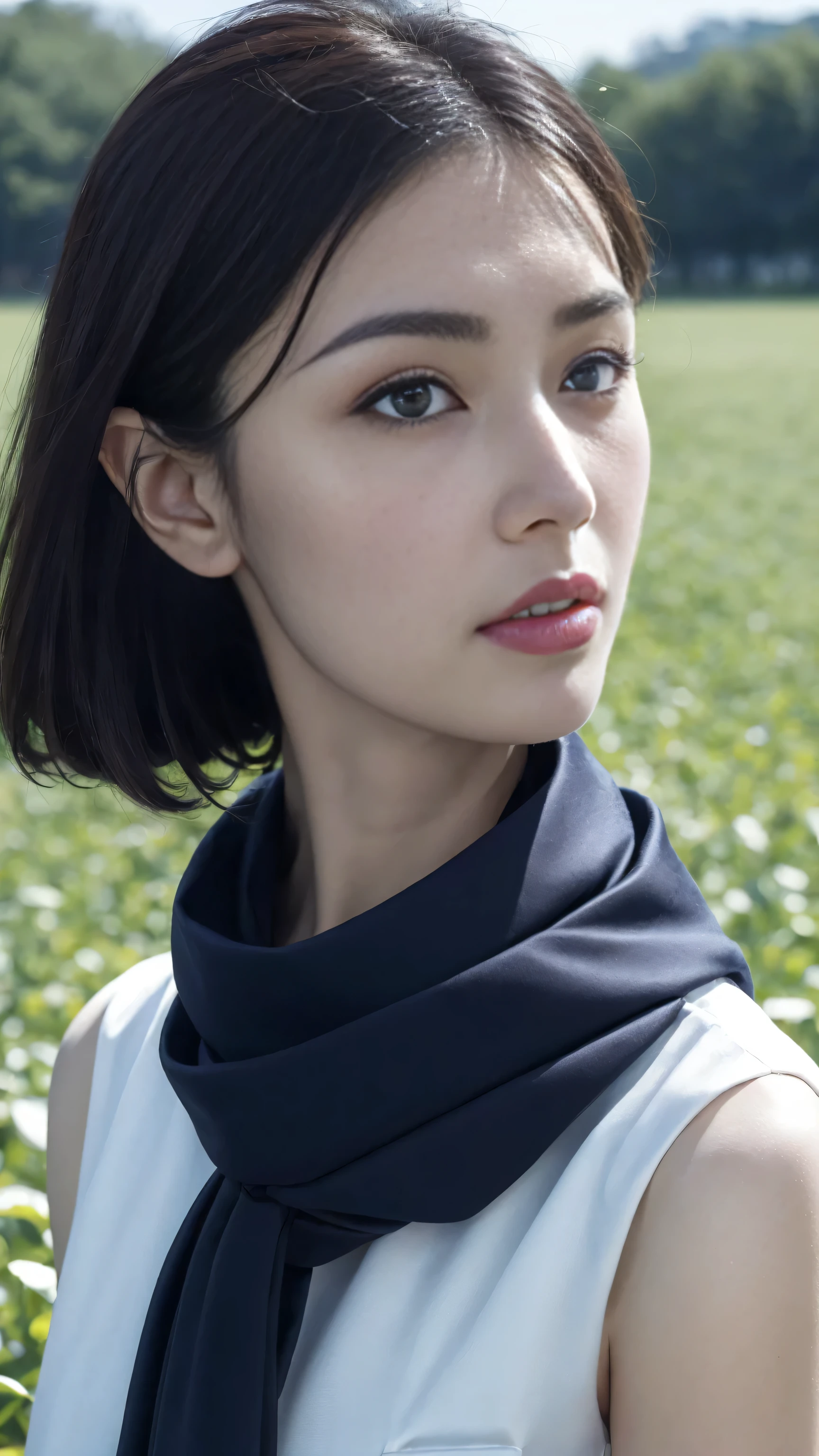 8k, best quality, masterpiece, actual, Super detailed, photo actual, Quality improvement, Photo of a girl wearing a scarf standing in a field, (脸部close up),Dark brooding designer style, many qualities, Photo display, calm face, jagged edges, navy, natural beauty, close up